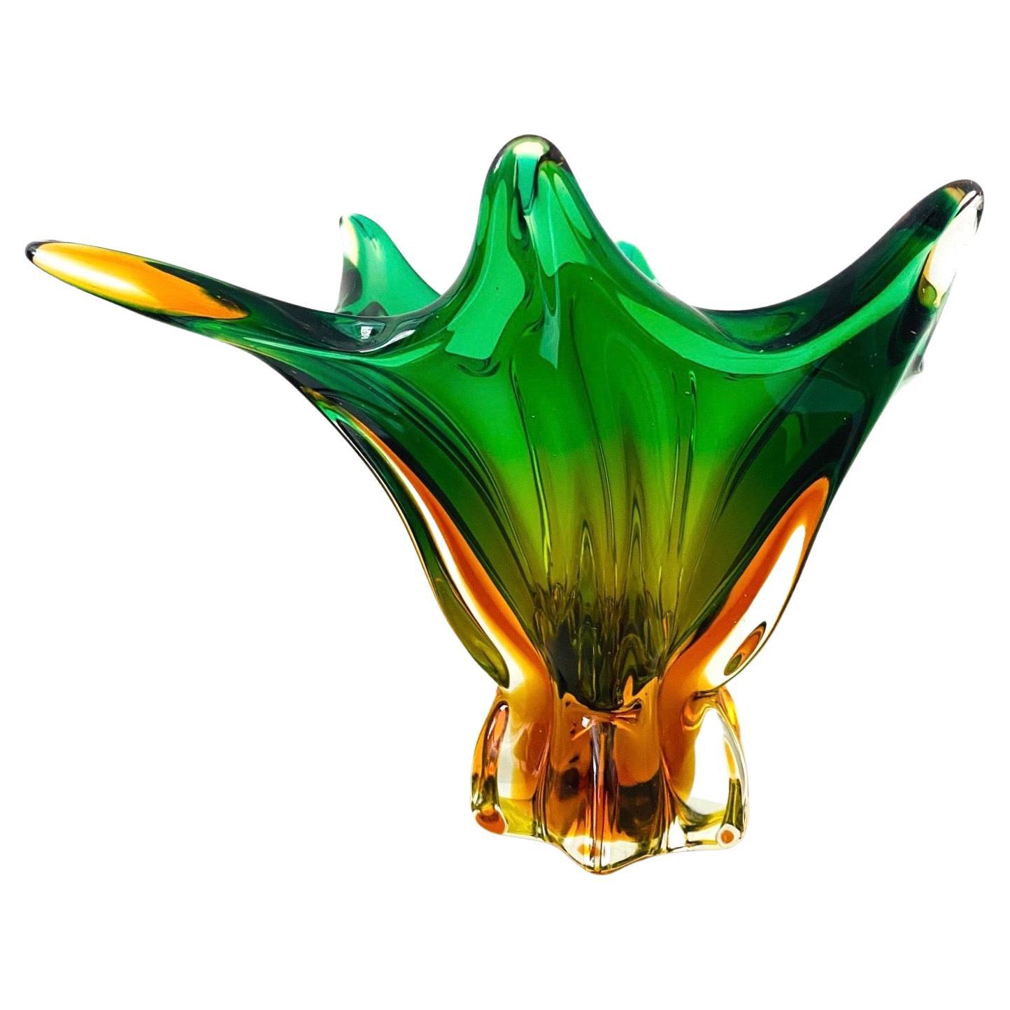 Abstract Murano Sommerso Vase or Bowl in Emerald Green & Orange, Italy, c. 1950