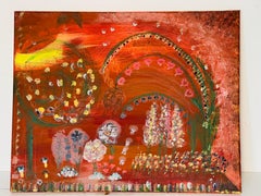 Abstract Naive Folk Art Magical Garden at Sunset with 3 Hedghogs Collecting Mus