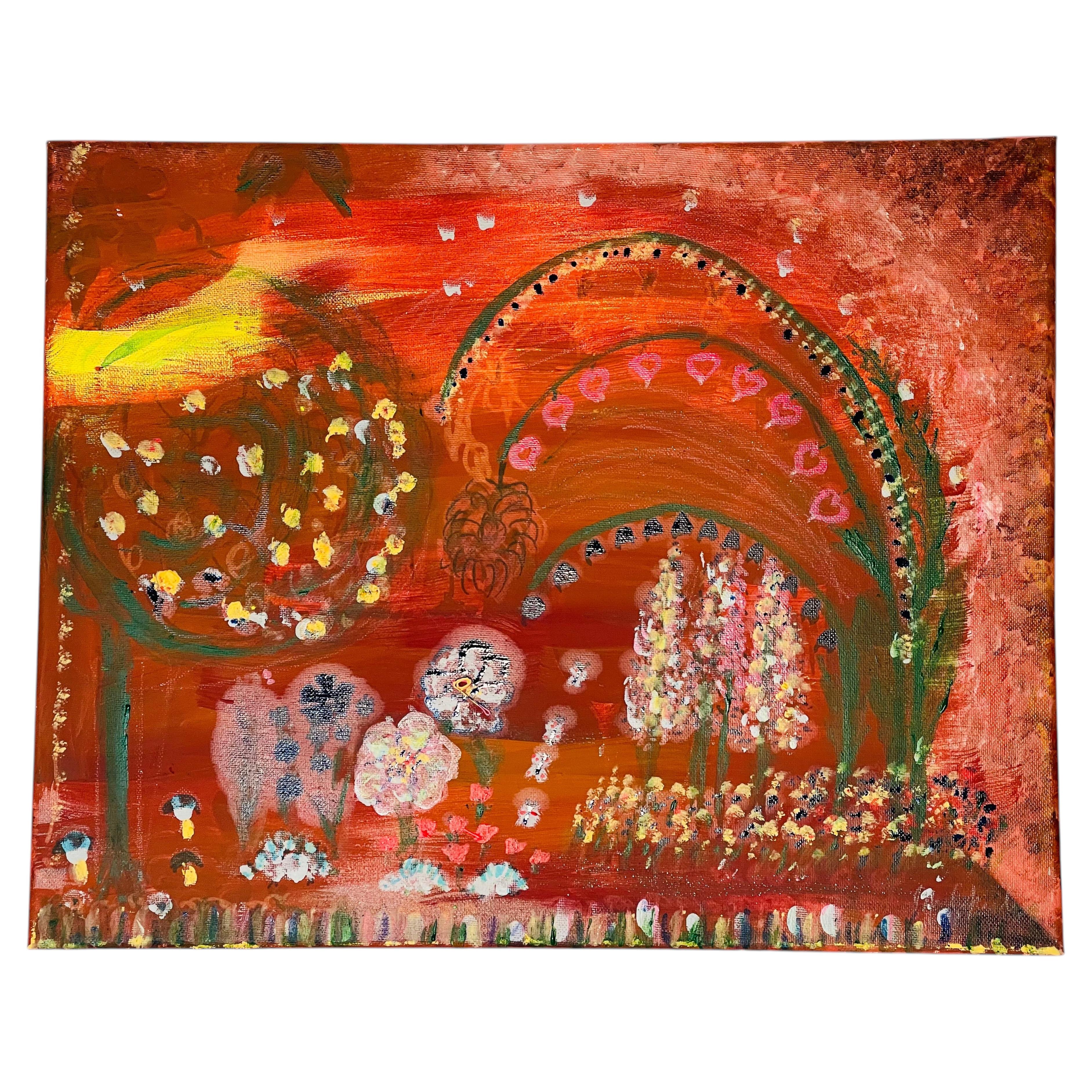 Abstract Naive Folk Art Magical Garden at Sunset with 3 Hedghogs Collecting Mus For Sale