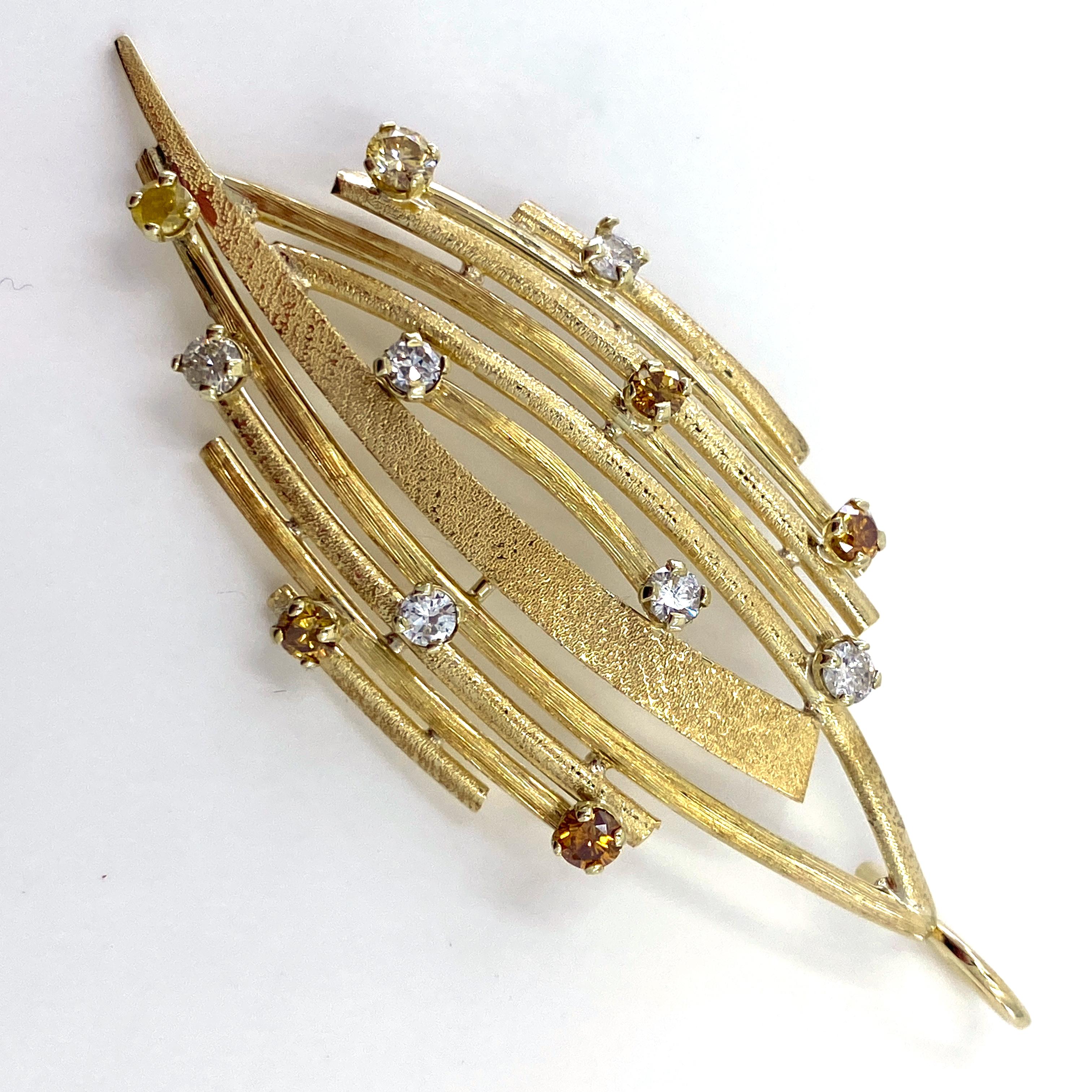 Women's or Men's Abstract 1970's Leaf Pendant in Yellow Gold with White, Yellow & Brown Diamonds For Sale