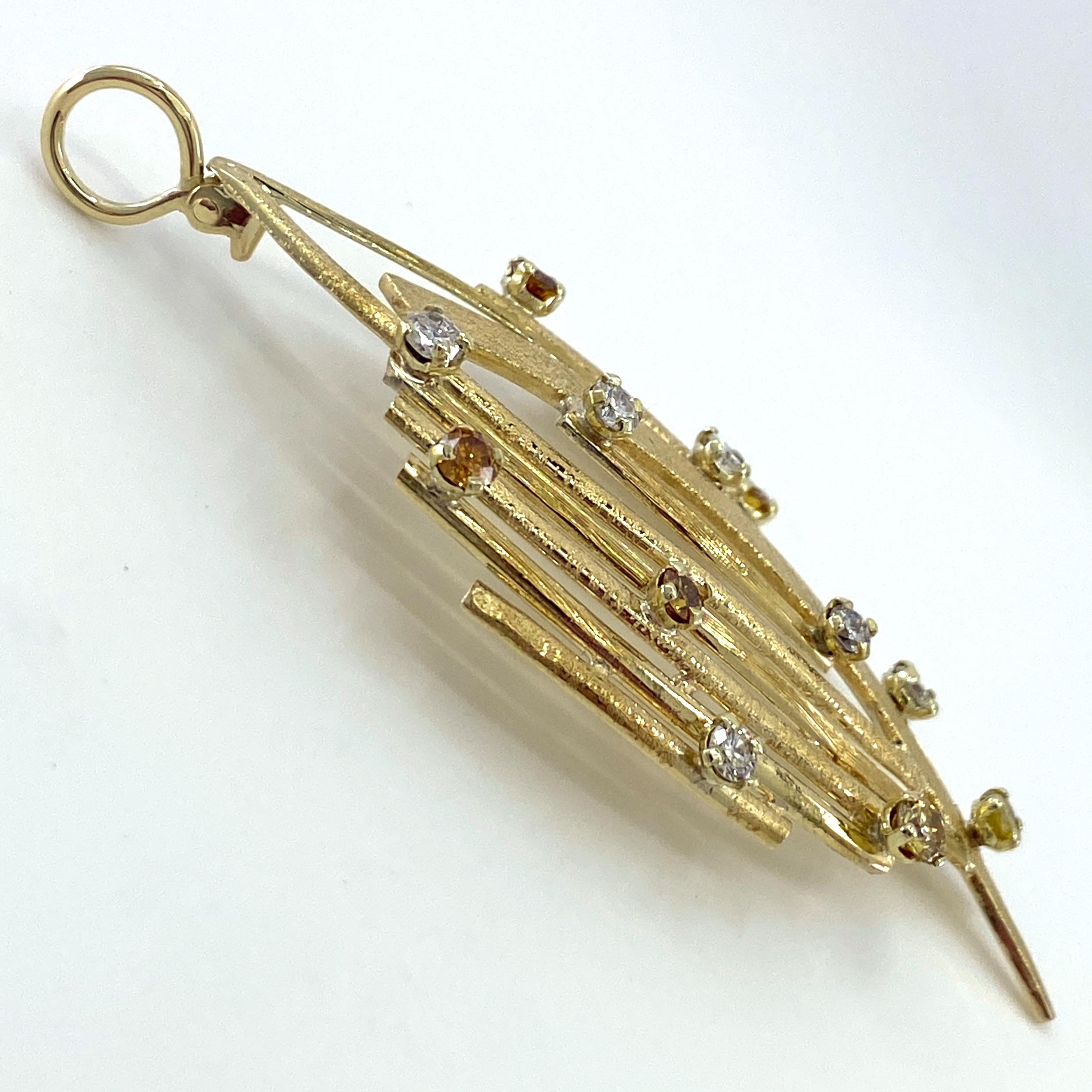 Abstract 1970's Leaf Pendant in Yellow Gold with White, Yellow & Brown Diamonds For Sale 1