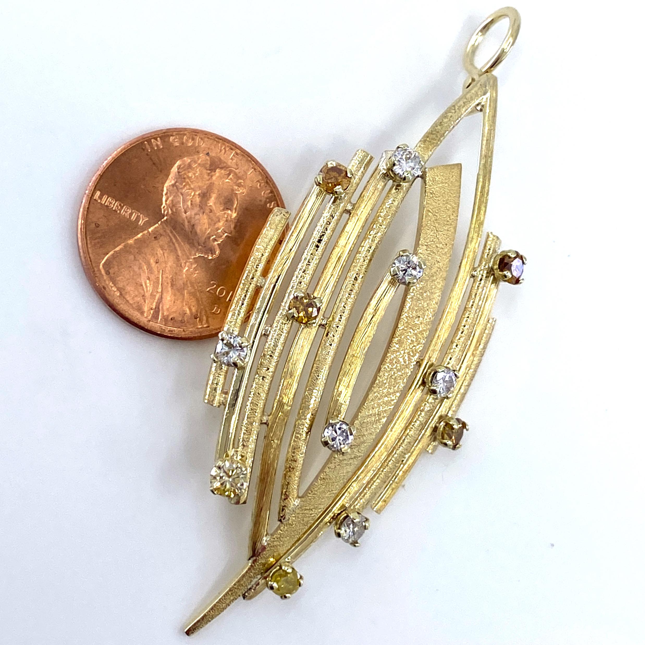 Abstract 1970's Leaf Pendant in Yellow Gold with White, Yellow & Brown Diamonds For Sale 7