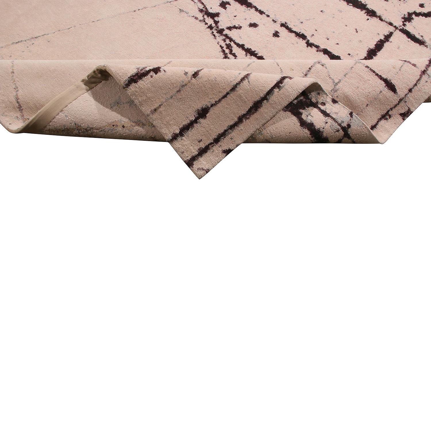 Contemporary Abstract Nepalese Cream White and Black Wool and Silk Rug Purple by Rug & Kilim For Sale