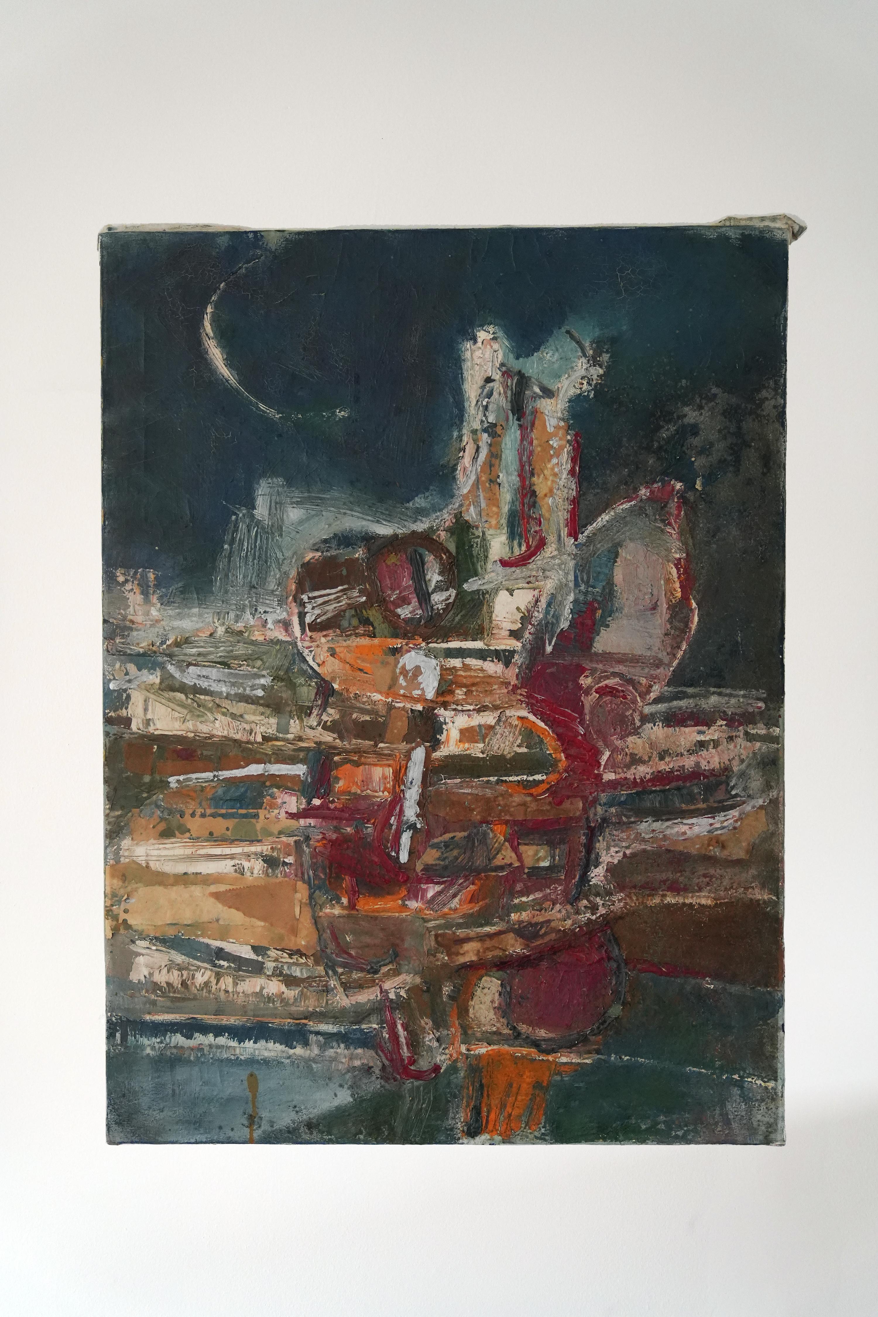 Scène abstraite de nuit avec lune.
Impasto. Superbe expression et mouvement. Original.