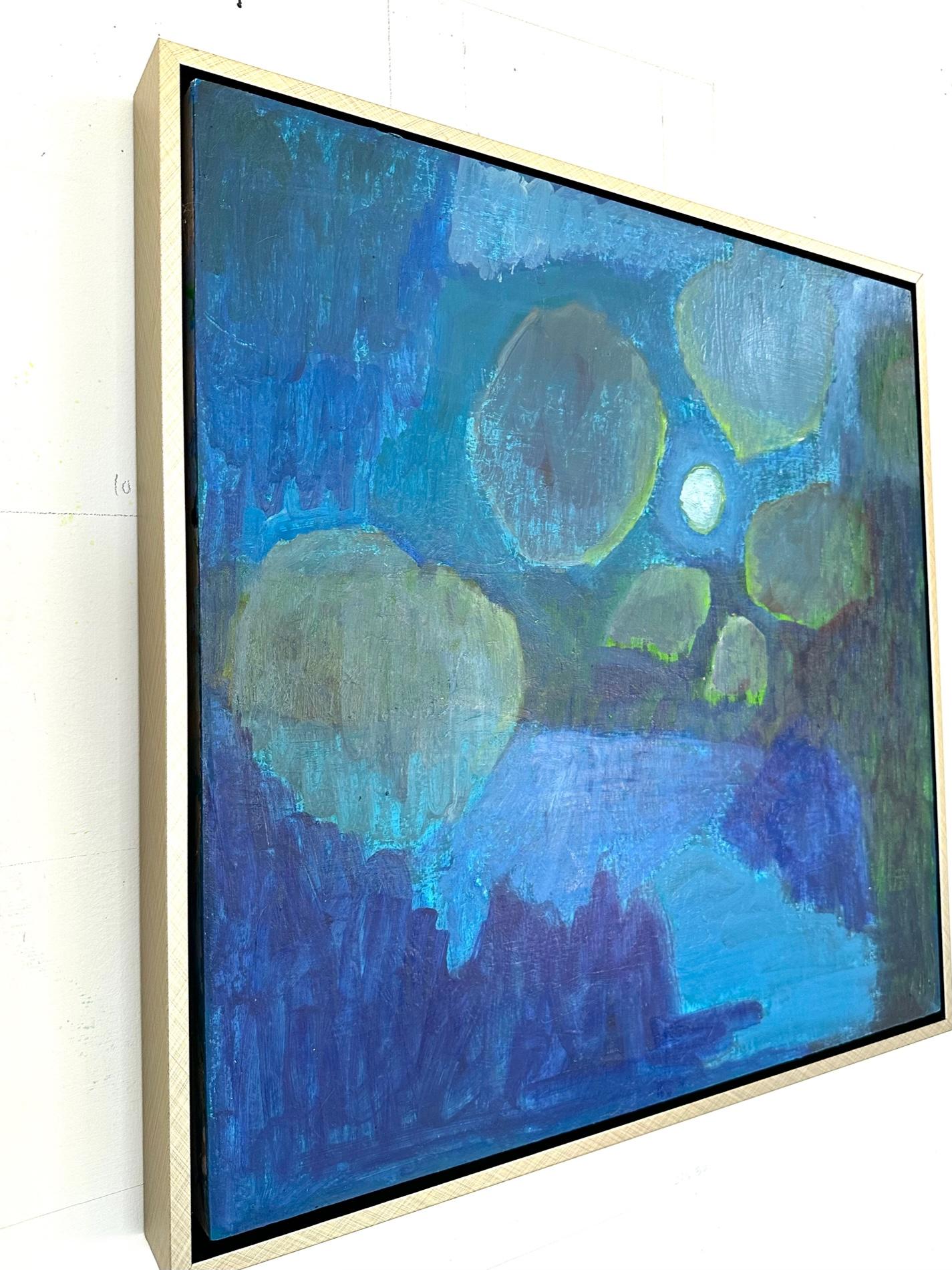 Nord-américain Peinture de paysage nocturne abstrait en verts bleus et violets  en vente