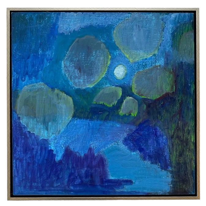 Peinture de paysage nocturne abstrait en verts bleus et violets  en vente