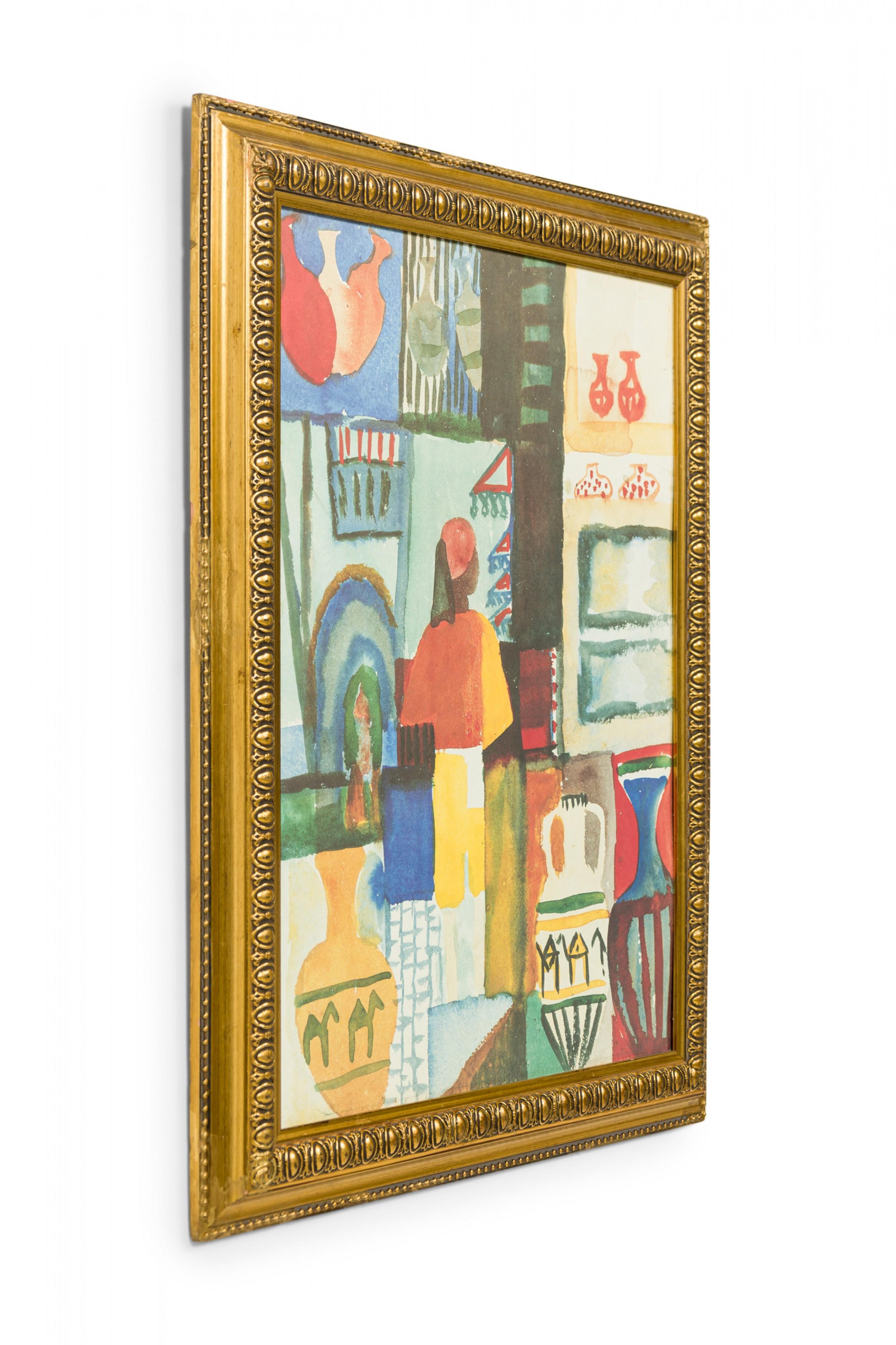 Copy of a watercolor showing an abstract view of a North African marketplace, including a woman with many vases

Condition: Good; Wear consistent with age and use
