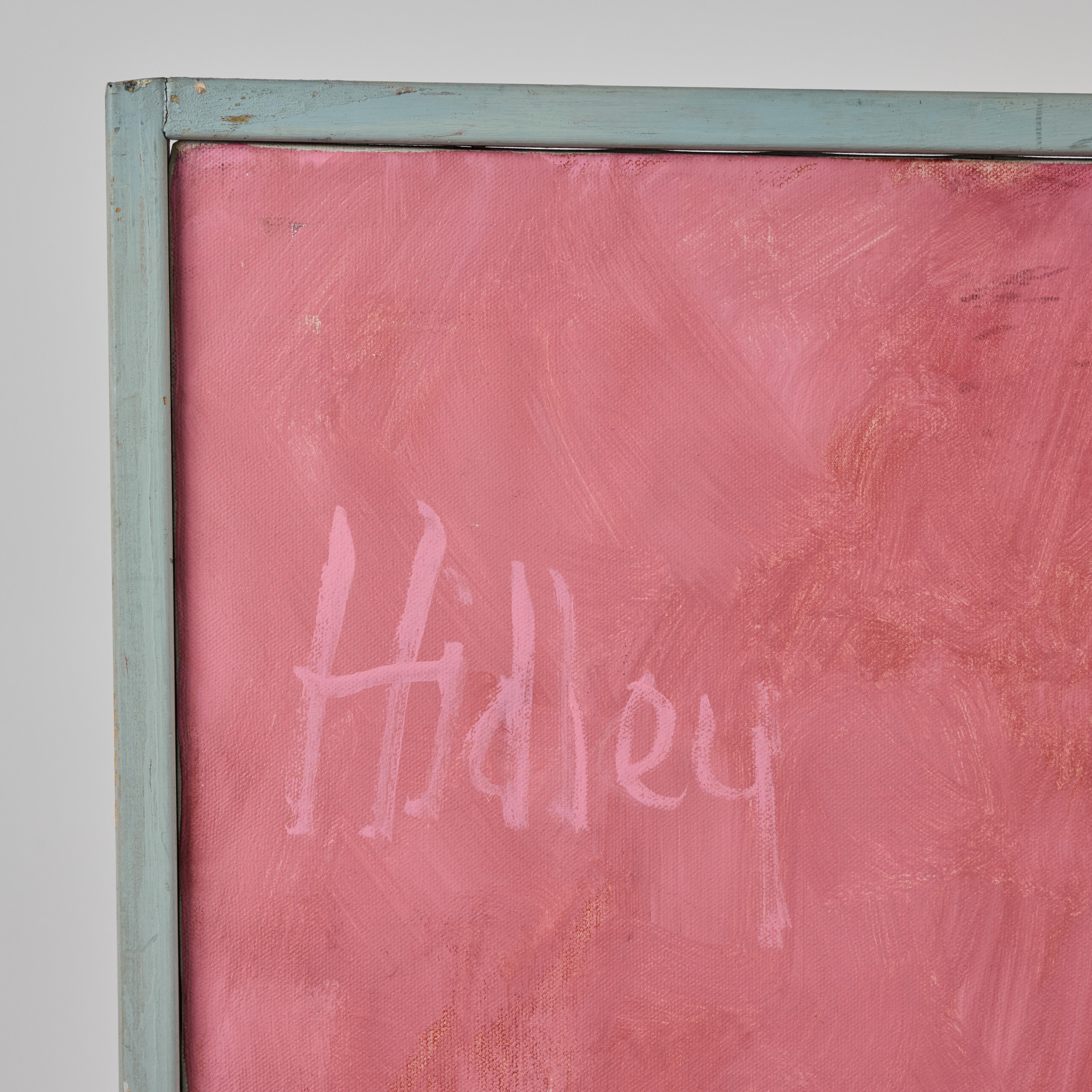 Buntes abstraktes Gemälde auf Leinwand.   Abstraktes, nacktes Motiv in leuchtenden Rosa-, Orange- und Gelbtönen. Nicht signiert.