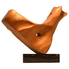 Abstract Oak Sculpture by E. Robson, Hand-Carved, Marble Plinth, 1971