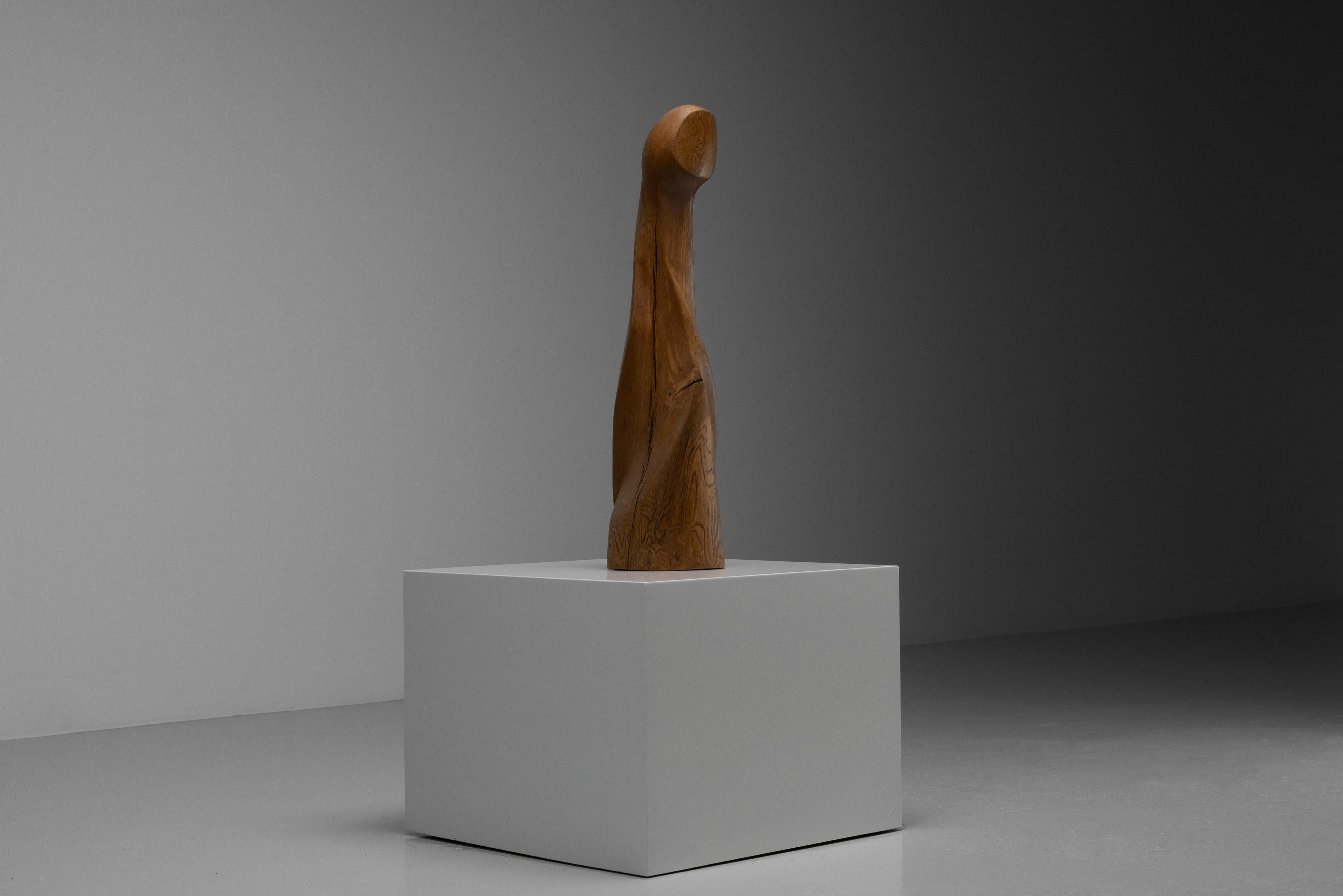 French Abstract oak sculpture signed LM France 1960 For Sale