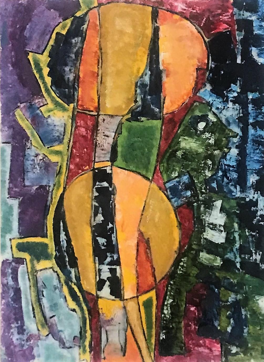 Colorful abstract piece, signed by artist Seyi Ogundele. It is in the style of the Nigerian Osogbo School. This piece is entitled 