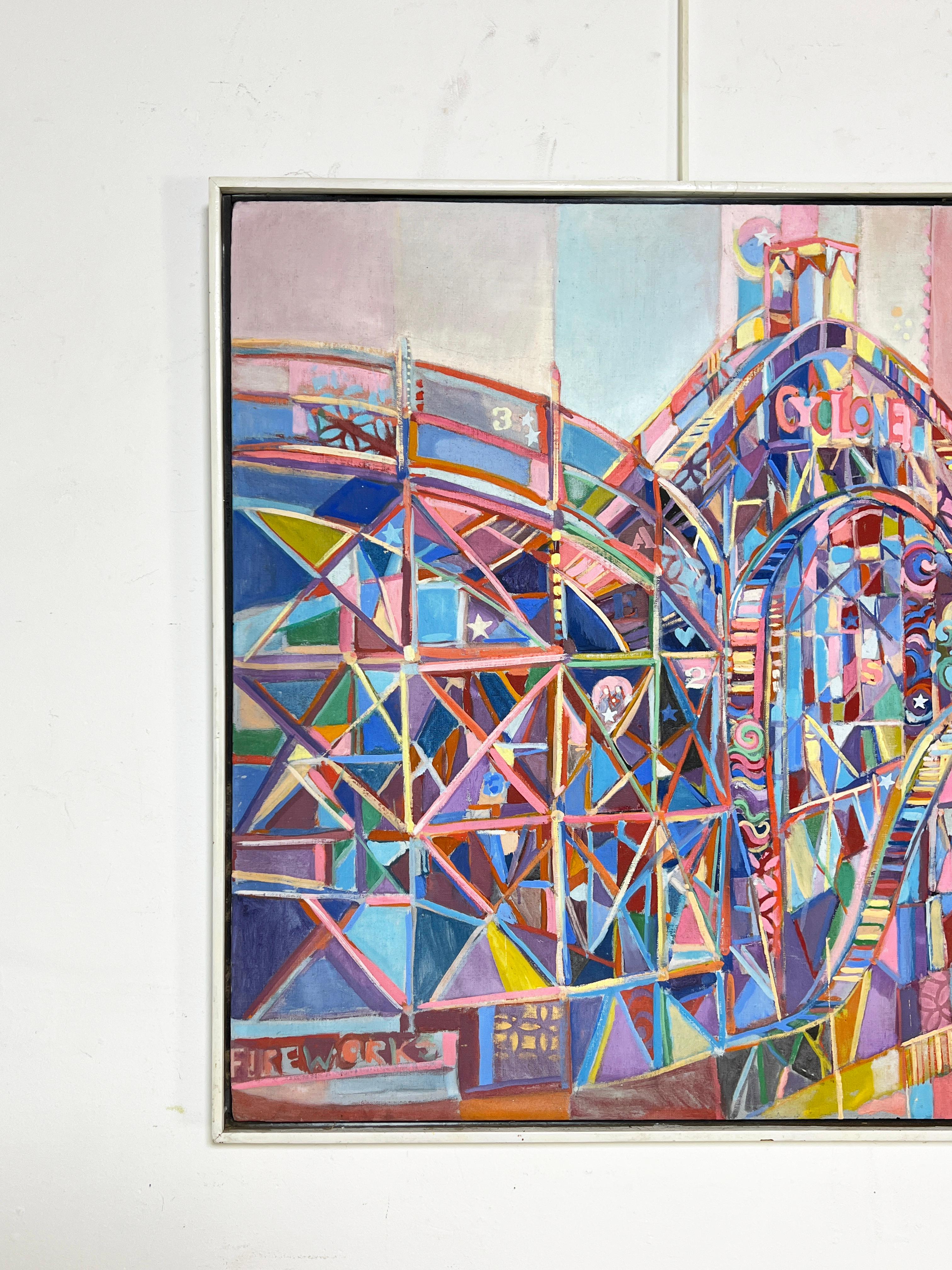 Ein lebhaft-abstraktes Ölgemälde auf Leinwand der berühmten Holzachterbahn Cyclone im Luna Park in Coney Island, NY, von Michael Davis, circa Ende der 1960er Jahre.