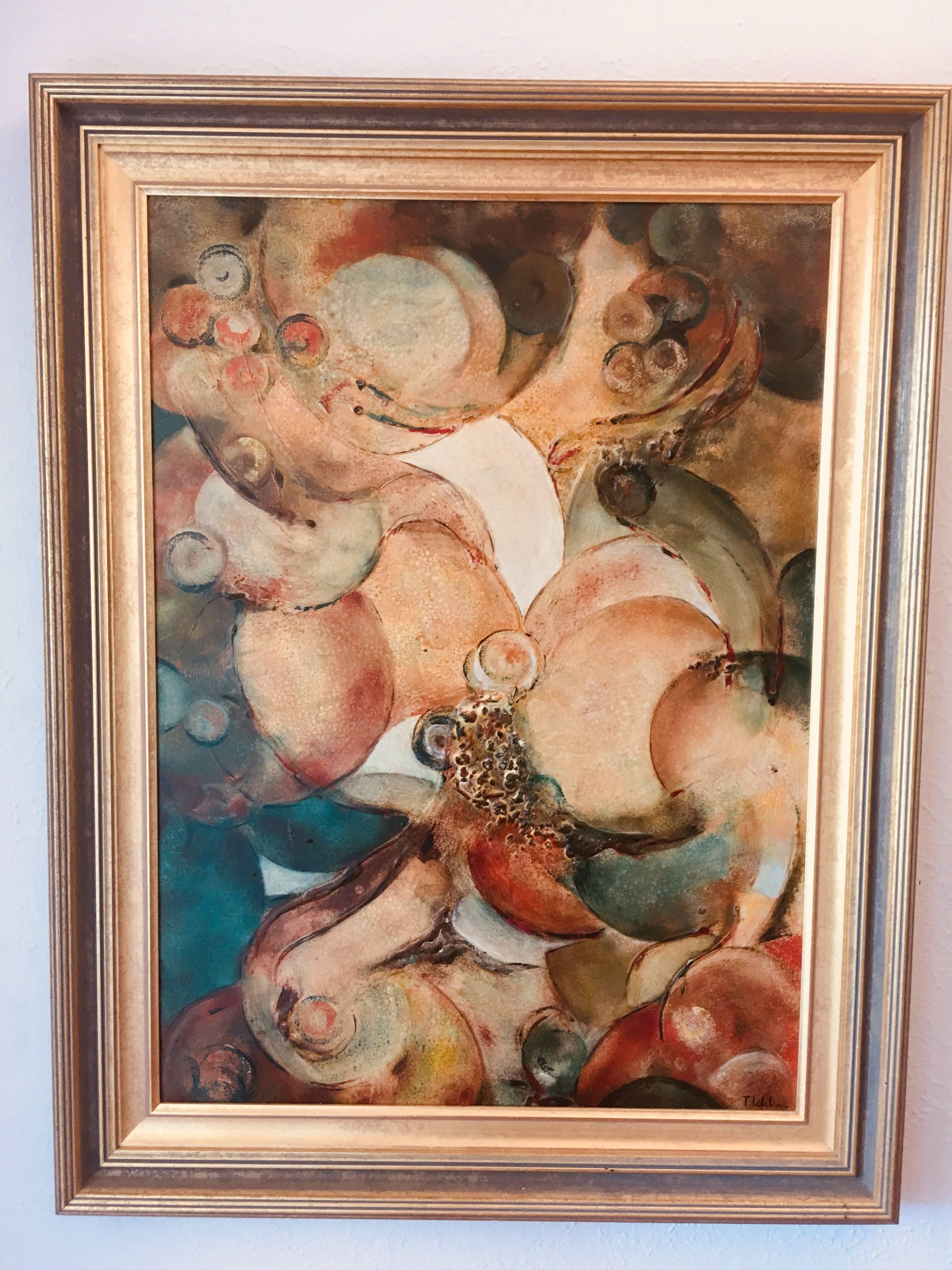 Art Deco Abstract Oil on Board by T Lefeline, circa 1960s For Sale