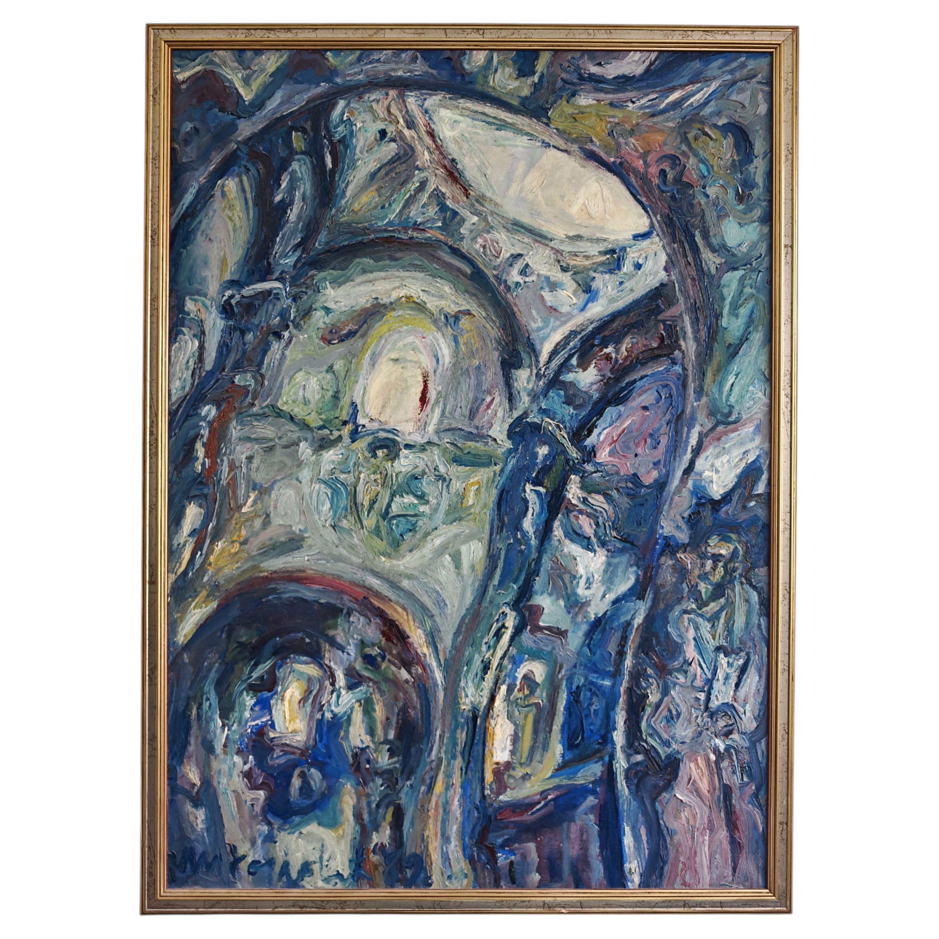 Abstract oil on canvas by a Yugoslav artist Veljko Mihajlovic, Serbia 1989