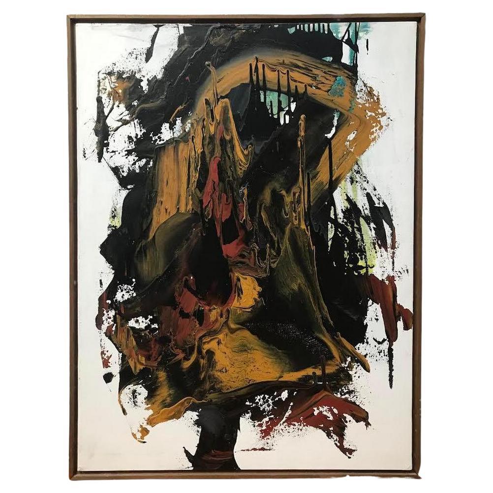 Intense abstract oil on canvas by Gino Hollander. Signed and dated 1975. It is versatile and can be displayed horizontally or vertically.
From the size to its bold palette, this is an eye-catching piece with a great deal of rhythm and flow. It's