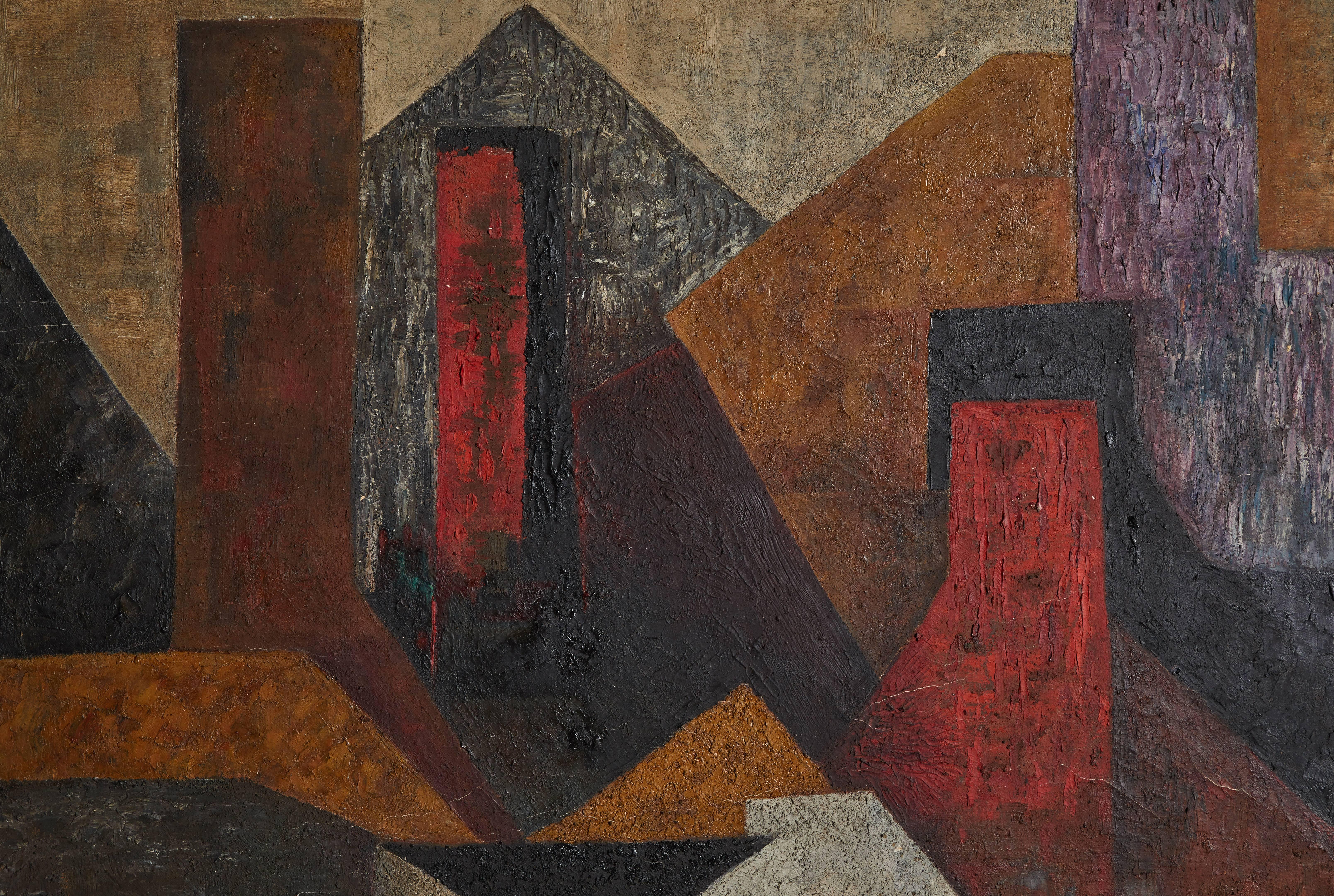 Abstract framed geometric oil on canvas signed by Mexican artist, Luis García Guerrero. Made in Mexico circa 1950s.