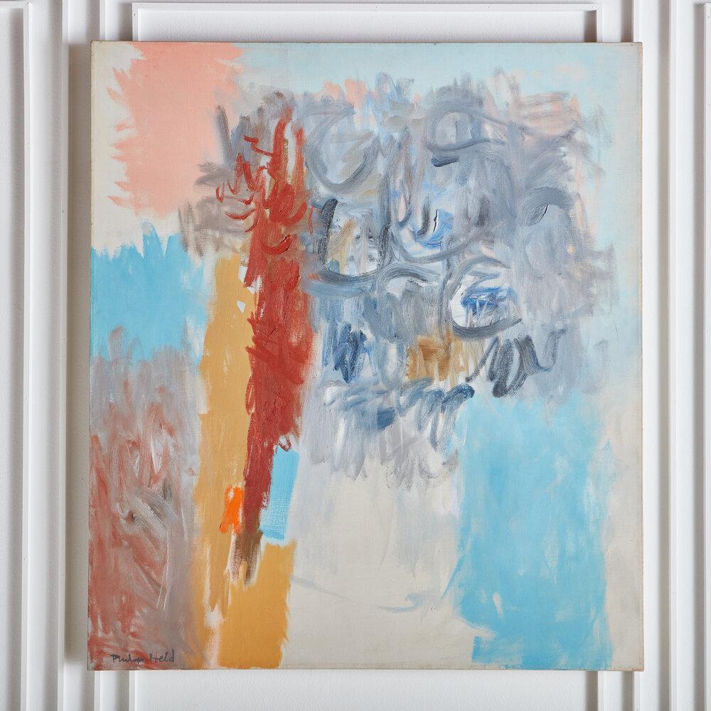 This oil on canvas abstract painting by American artist Philip Held (b. 1920), 1962. Featuring hues of red, orange, blue and gray. Signed on the lower left and dated.