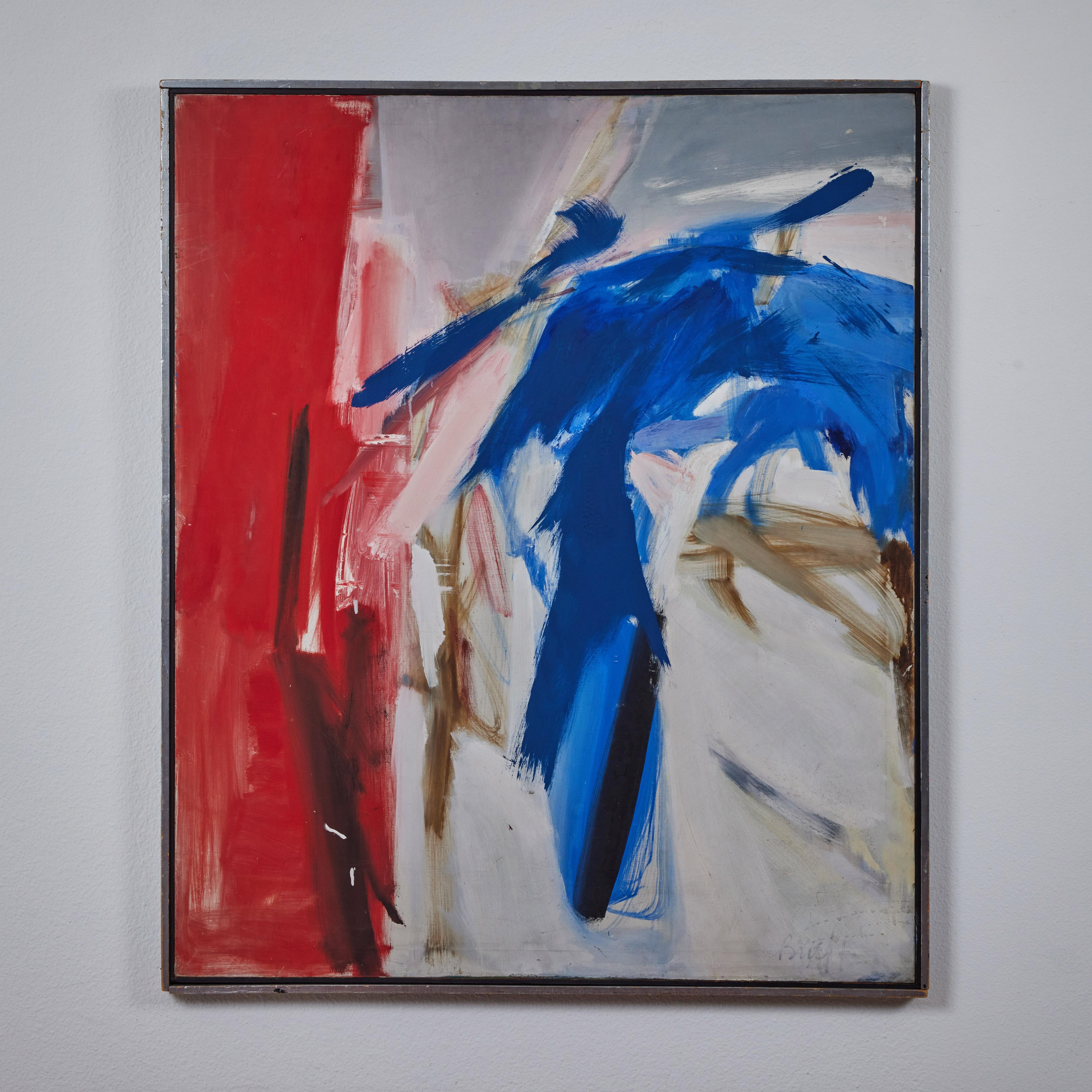 This is a large abstract oil on canvas by Charolette Brieff. The dominant colors are red, white, and blue. The peice is framed in a 1.5