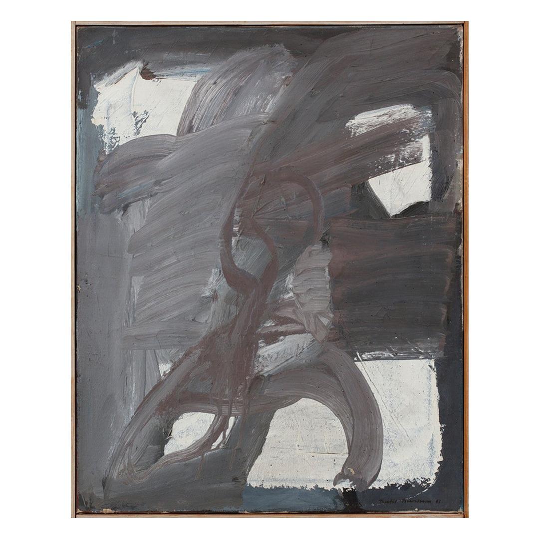 Peinture abstraite à l'huile sur toile et cadre en pin de Bertil Berntsson, Suède, années 1960