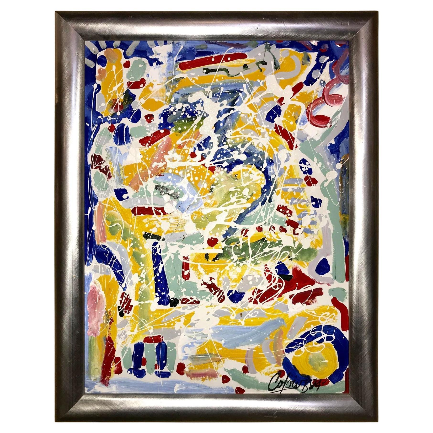 Peinture abstraite à l'huile sur toile de Colow B. datée de 1984
