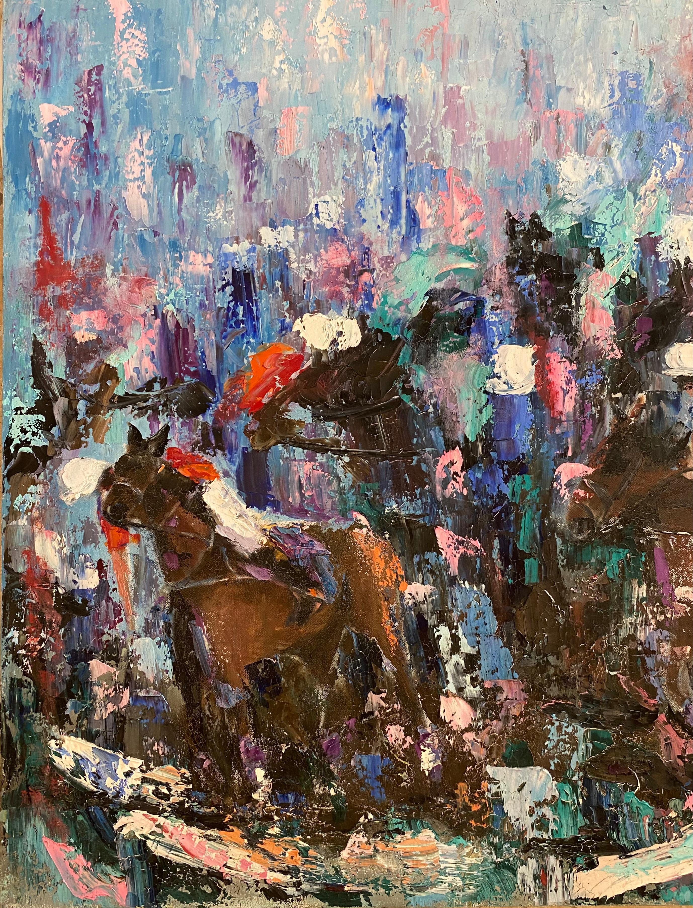 French Abstract Oil on Canvas Painting Horse Racing, Signed For Sale