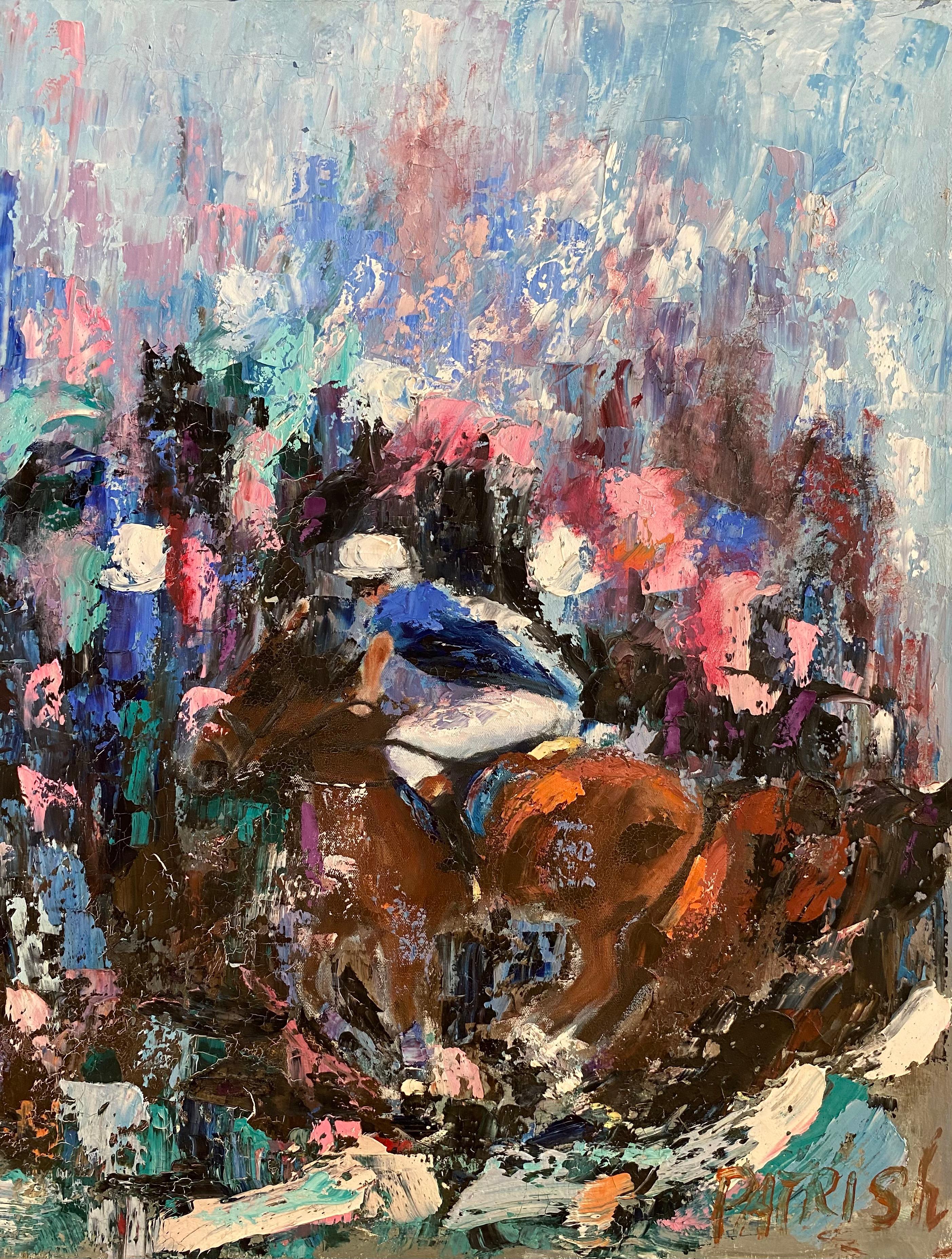 Peinture abstraite à l'huile sur toile Course de chevaux, signée Bon état - En vente à Miami, FL