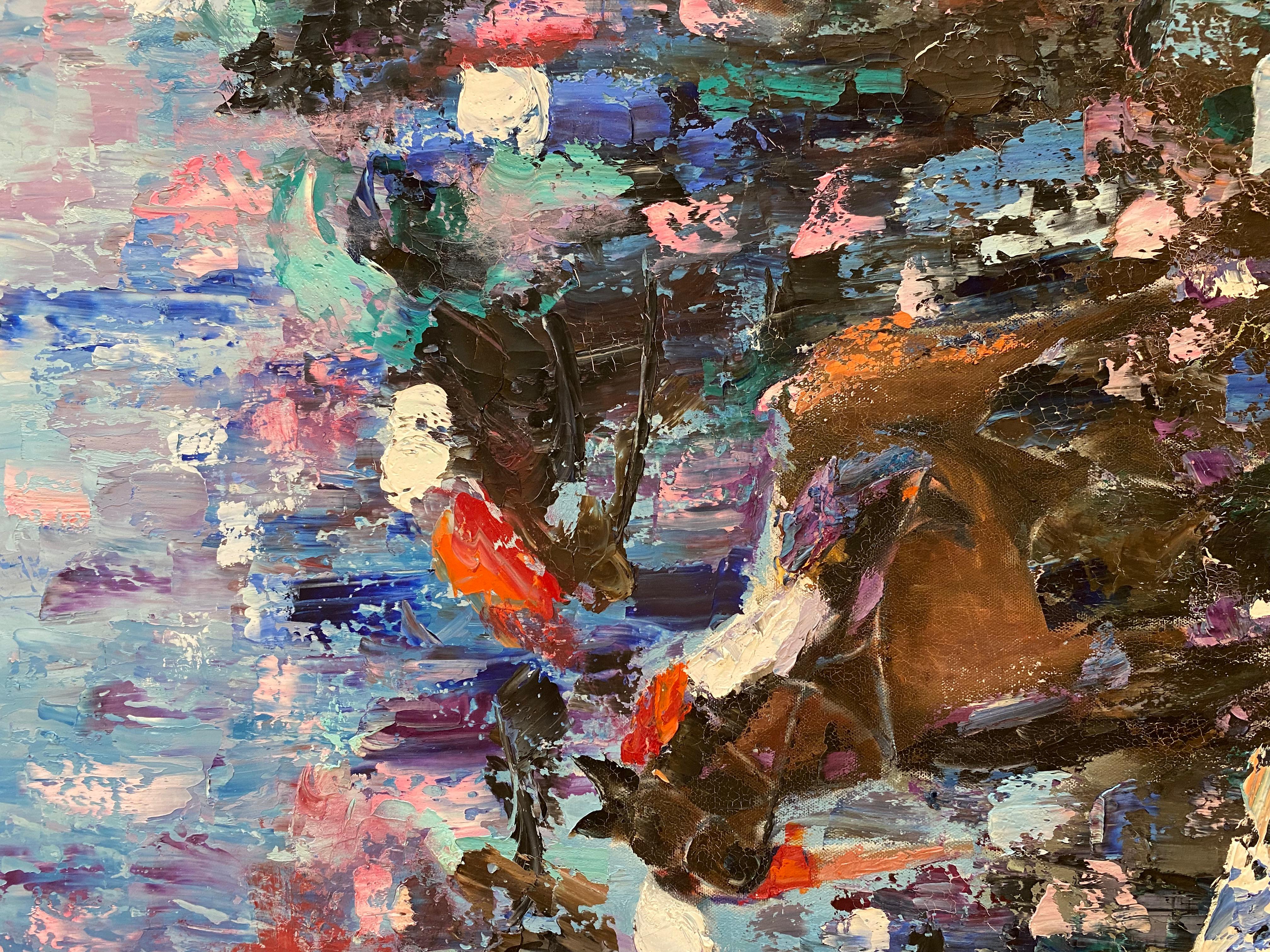 Toile Peinture abstraite à l'huile sur toile Course de chevaux, signée en vente