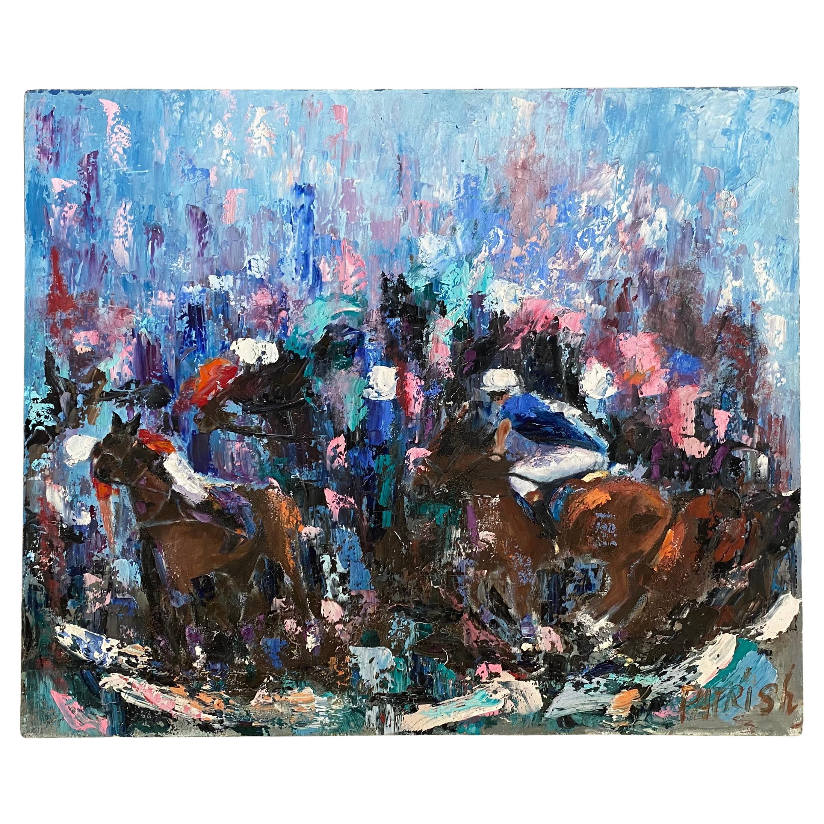 Pintura abstracta al óleo sobre lienzo Carreras de caballos, firmada en venta