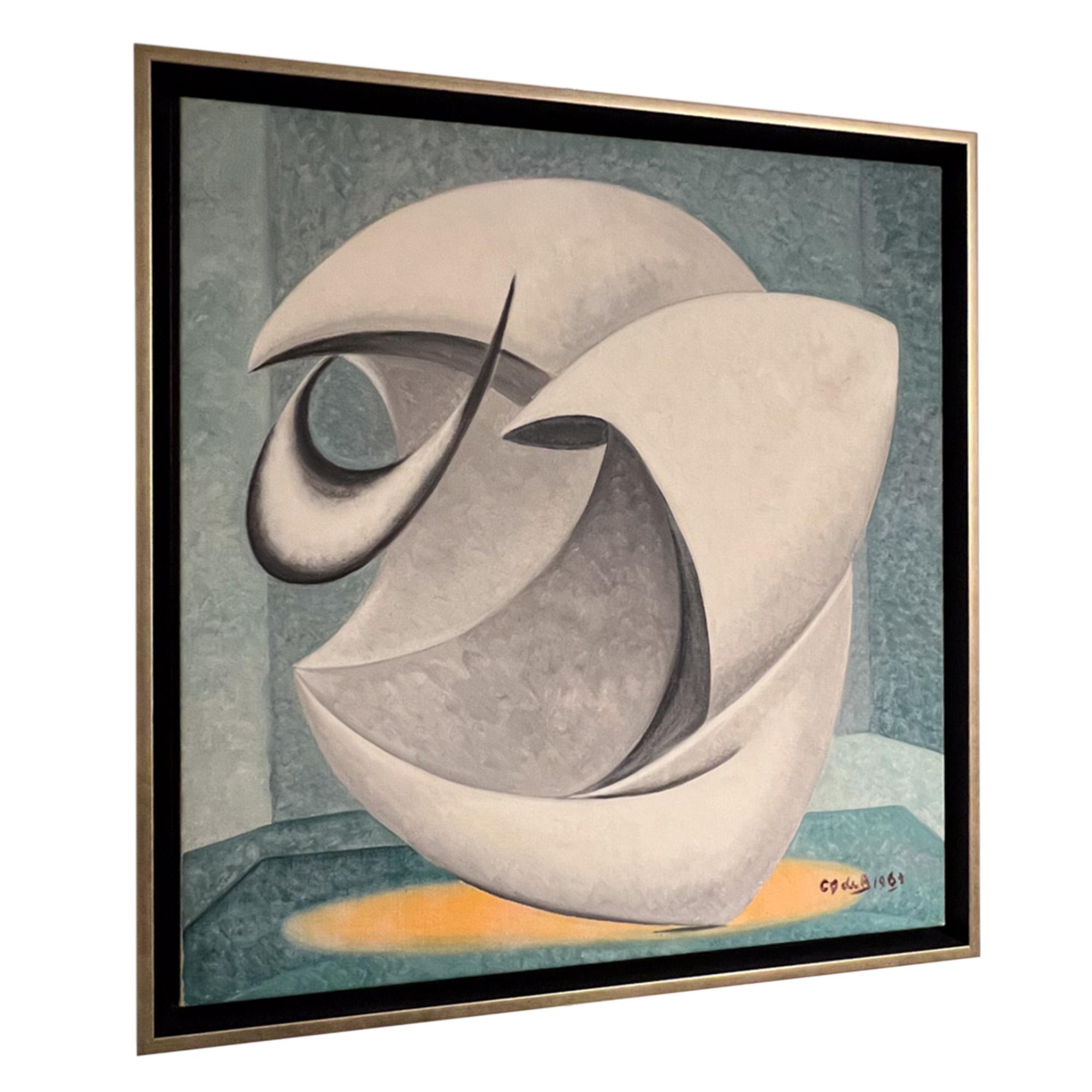 Un cuadro abstracto geométrico decorativo de los años 60 - acrílico sobre lienzo, que hemos hecho montar en un elegante marco de bandeja de madera dorada.

Un cuadro atractivo y caprichoso, nos gusta especialmente la elección de los