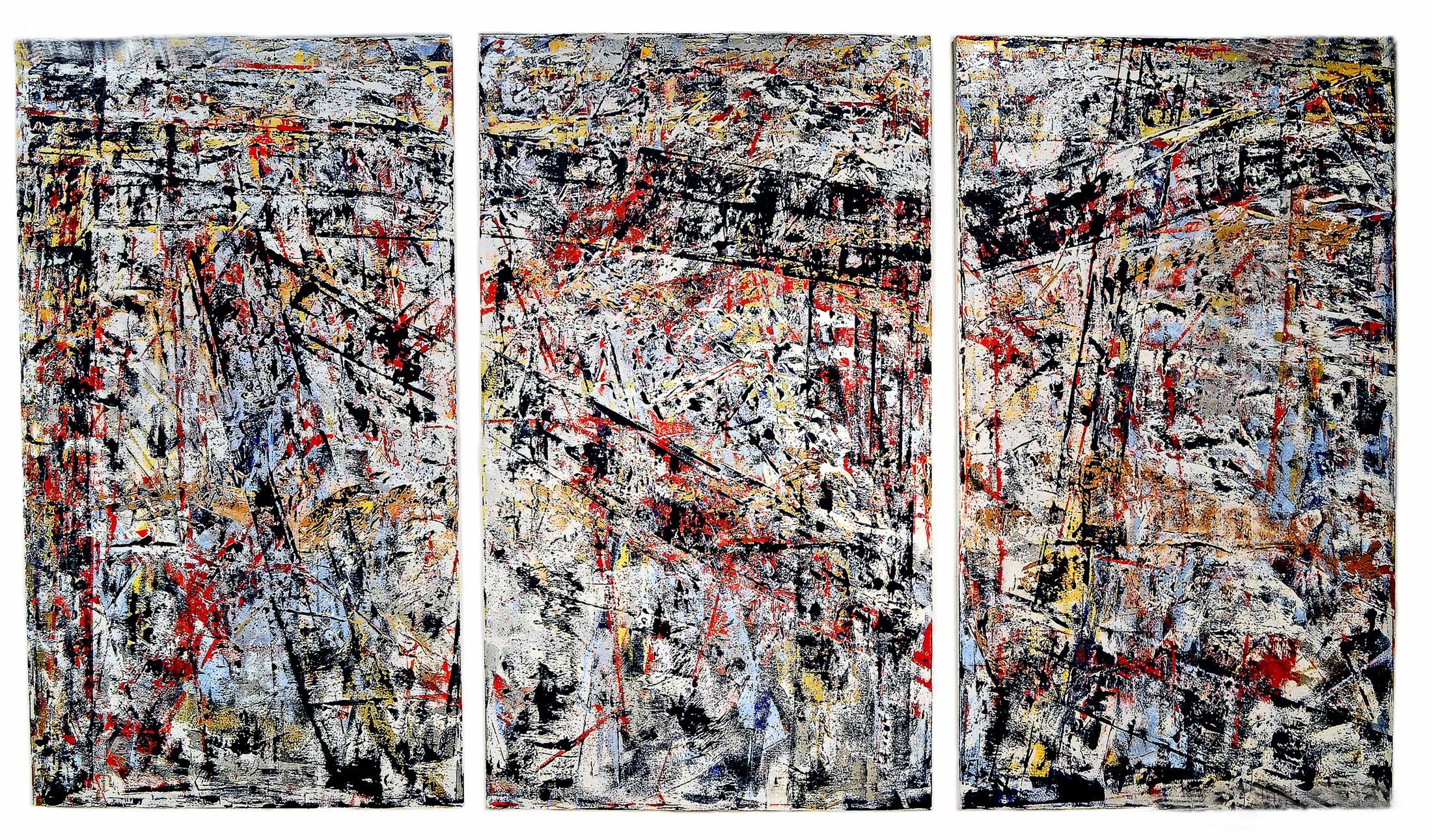 Abstract Expressionist artist Aaron Finkbiner has always been inspired by architecture, landscapes and nature. This large abstract triptych is titled Seen and Unseen. It is exceptionally layered in varying brushstrokes and paint application with a