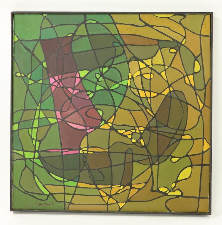 Abstract oil on canvass of tonal greens, pinks and yellows with back wandering line structure, signed and dated Lois Foley '81. This example is in very fine original condition, clean and ready to hang. Lois Foley was a noted artist with a long and