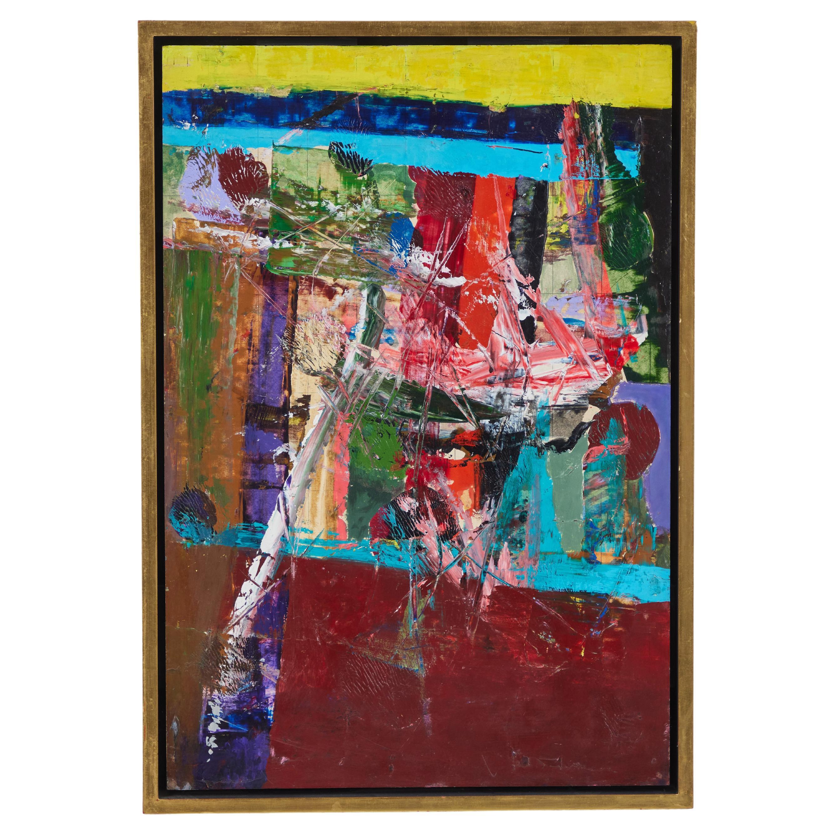 Peinture abstraite à l'huile sur panneau, John Sacarro (1913-1981)