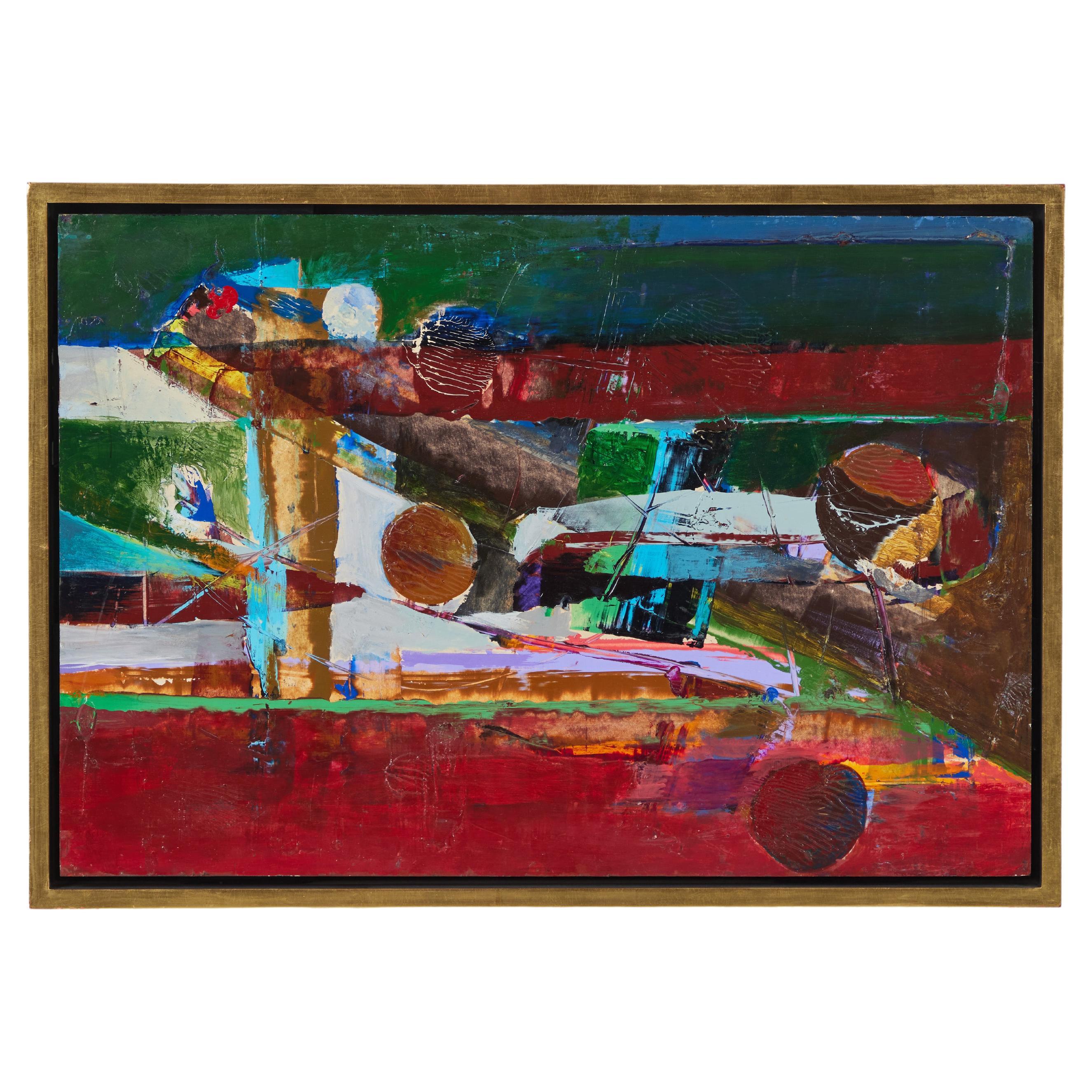 Peinture abstraite à l'huile sur panneau, John Sacarro (1913-1981) en vente