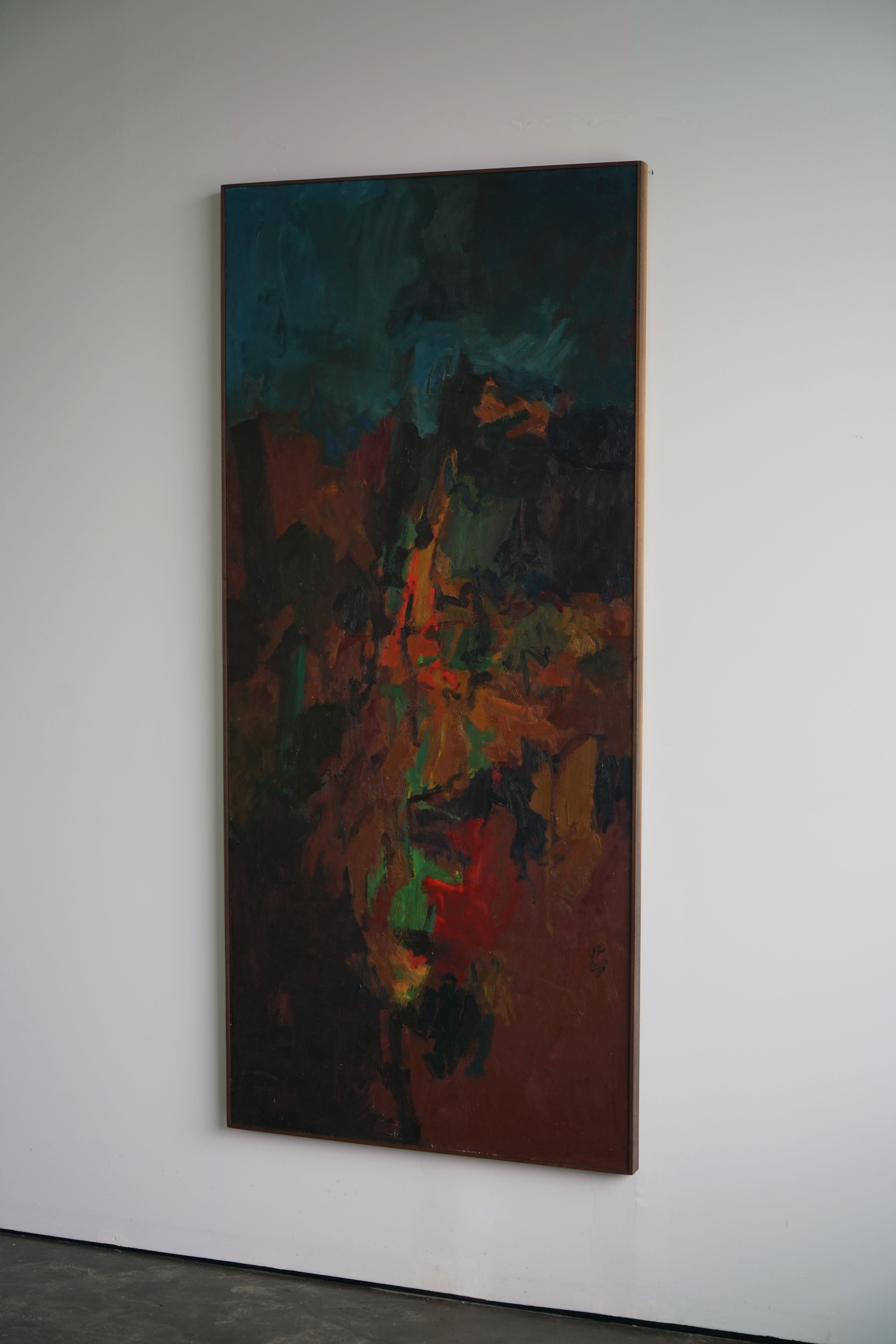 Hand-Painted Large Abstract Oil Painting by Jerry Pinsler, 1965 on found door with walnut  For Sale