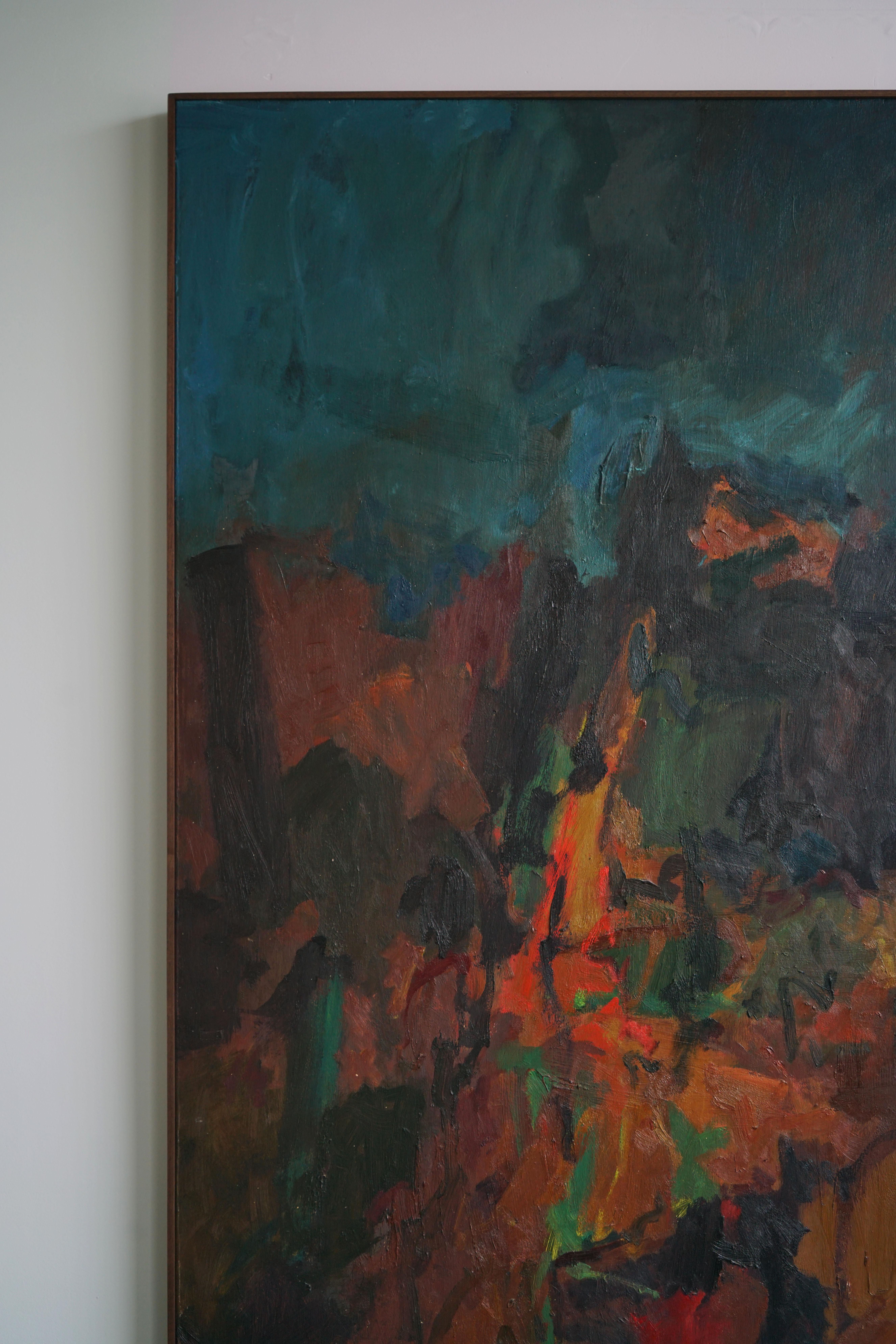 Large Abstract Oil Painting by Jerry Pinsler, 1965 on found door with walnut  In Good Condition For Sale In Chicago, IL