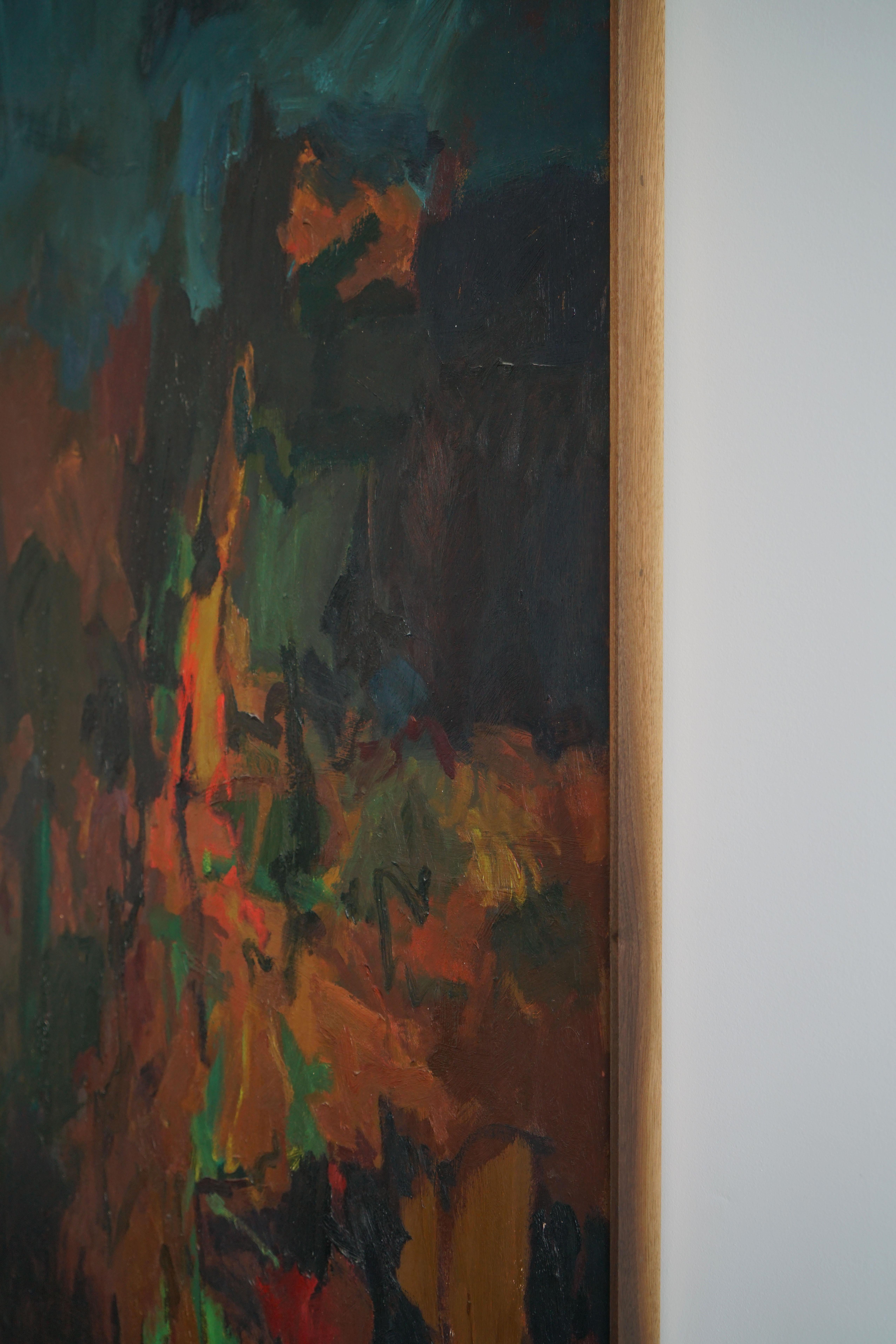 Mid-20th Century Large Abstract Oil Painting by Jerry Pinsler, 1965 on found door with walnut  For Sale