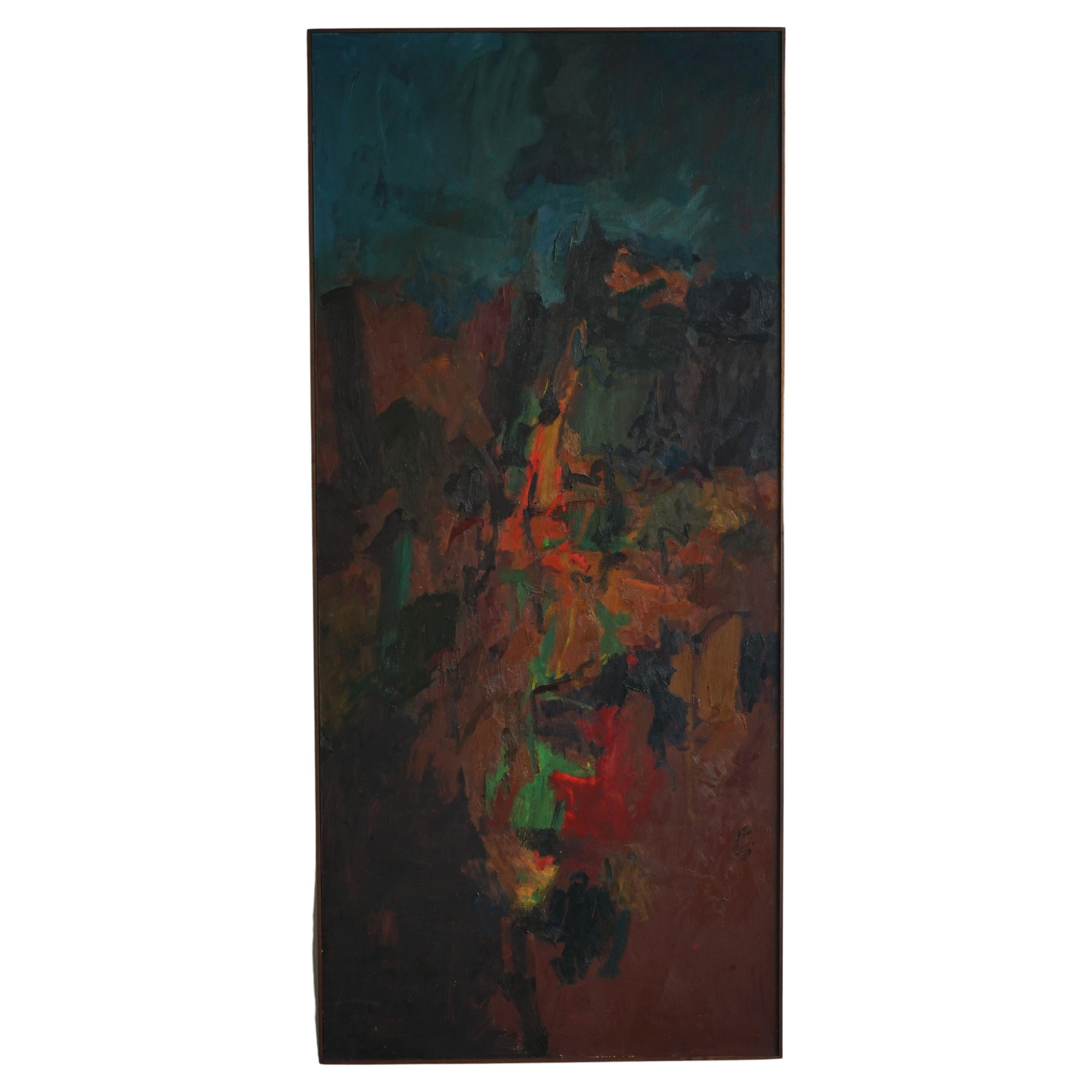 Large Abstract Oil Painting by Jerry Pinsler, 1965 on found door with walnut 