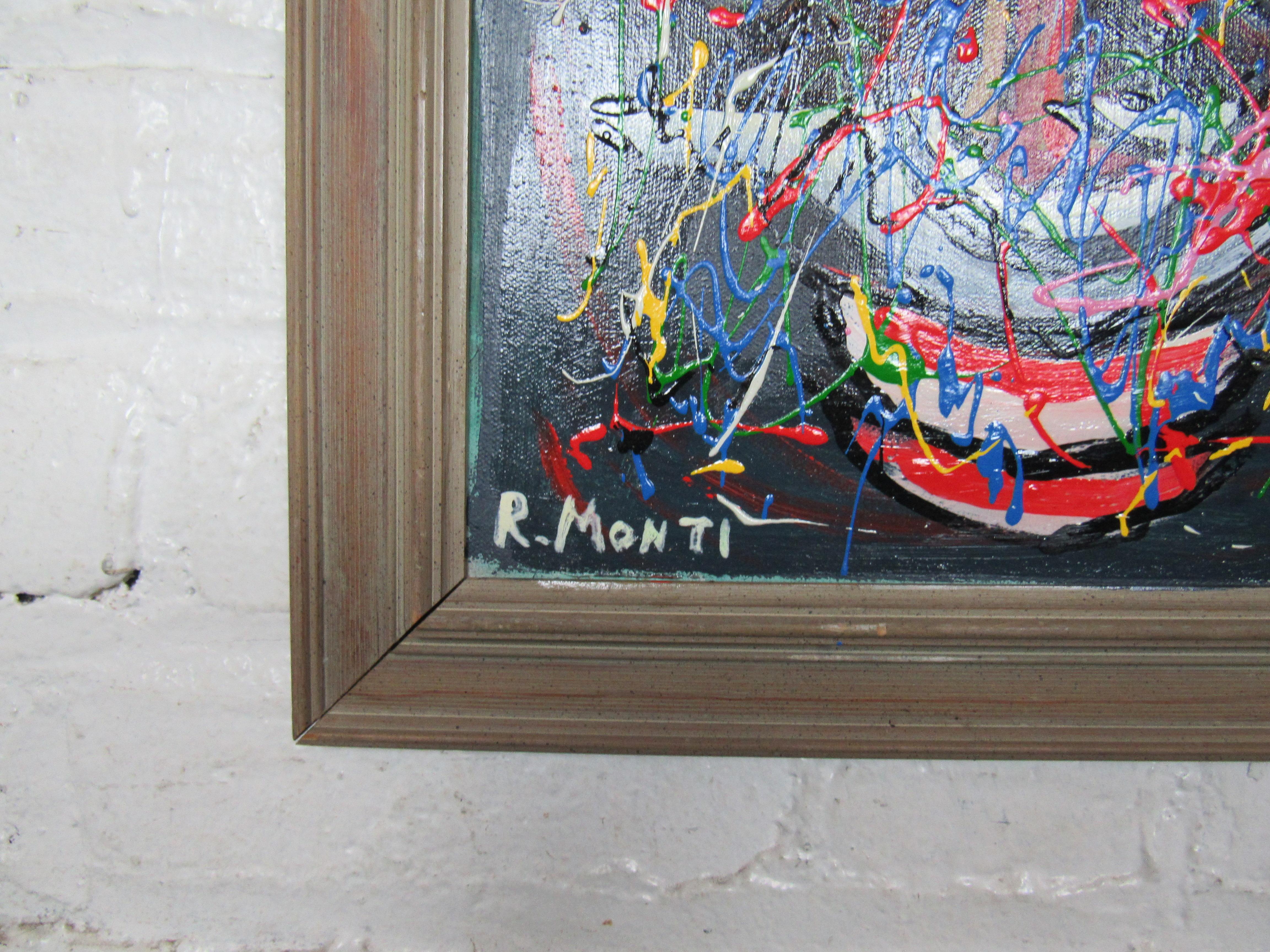 A colorful abstract oil painting by celebrated Pennsylvania-based artist R. Monti, framed and signed by artist. Please confirm item location with seller (NY/NJ).