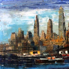 Abstract Oil Painting, Hudson River Ships and New York Manhattan Skyline, 1960s