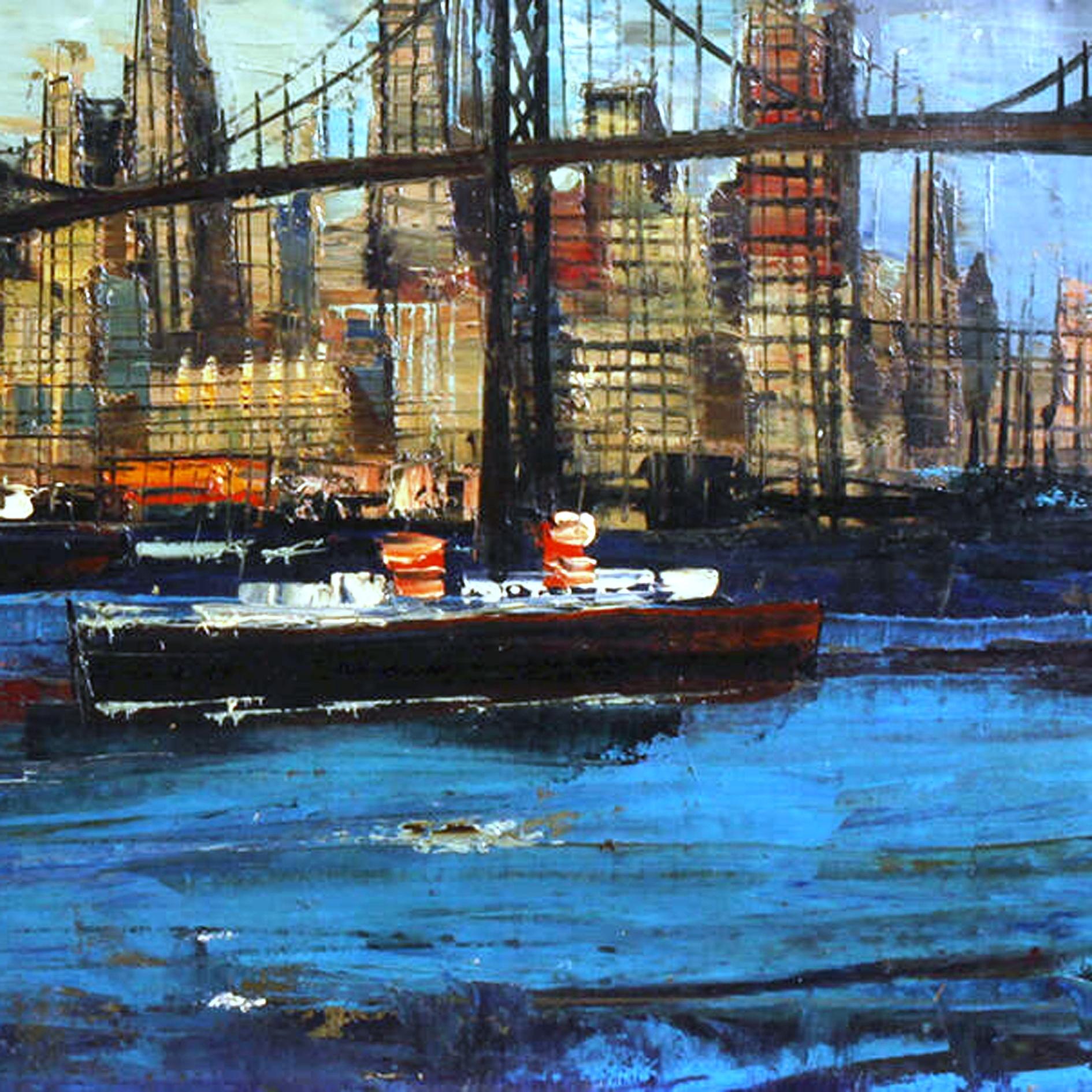 Austriaco Pittura ad olio astratta, navi del fiume Hudson e skyline di New York Manhattan, anni '60 in vendita