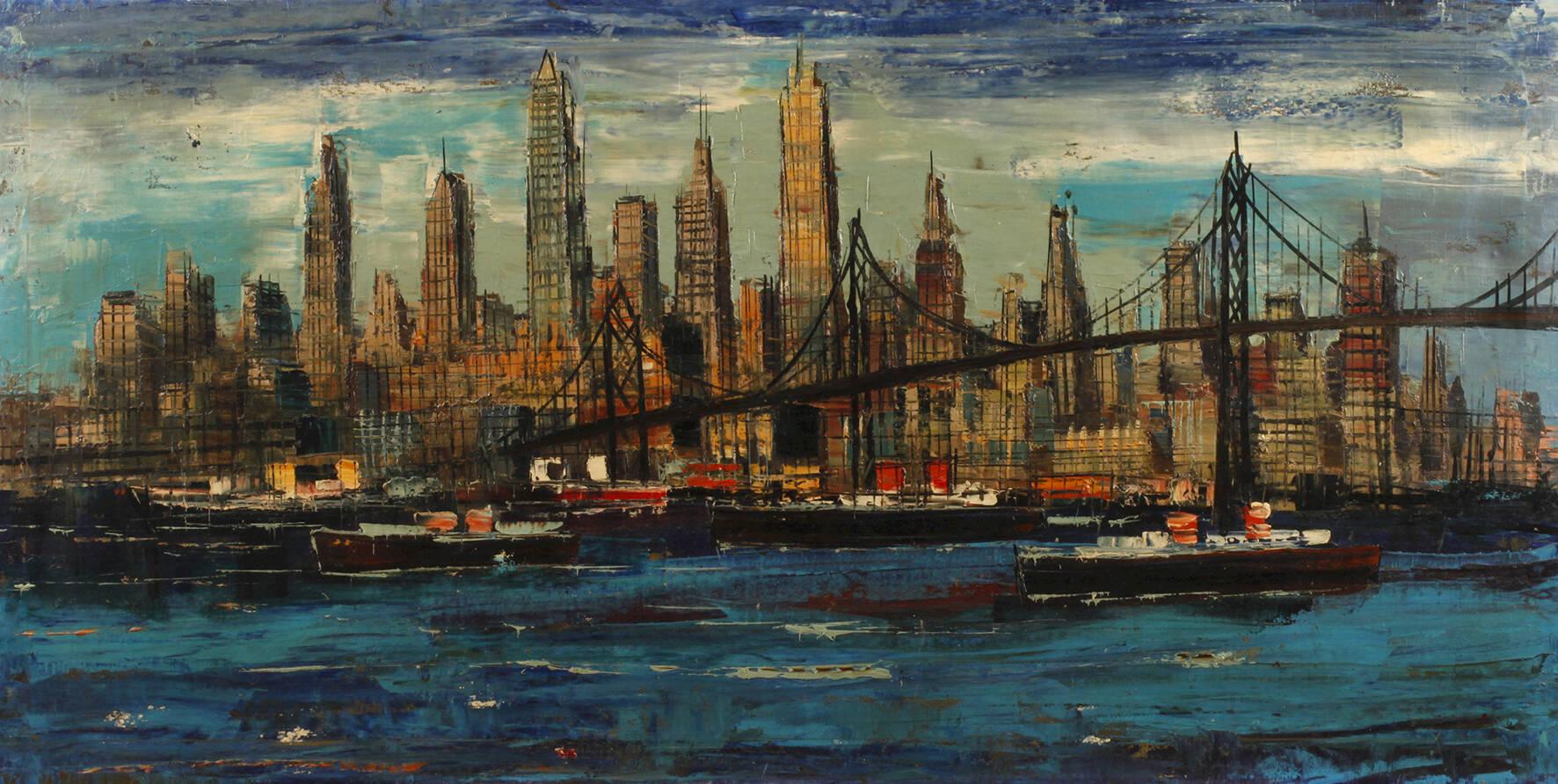 Pittura ad olio astratta, navi del fiume Hudson e skyline di New York Manhattan, anni '60 In condizioni buone in vendita a BUDAPEST, HU
