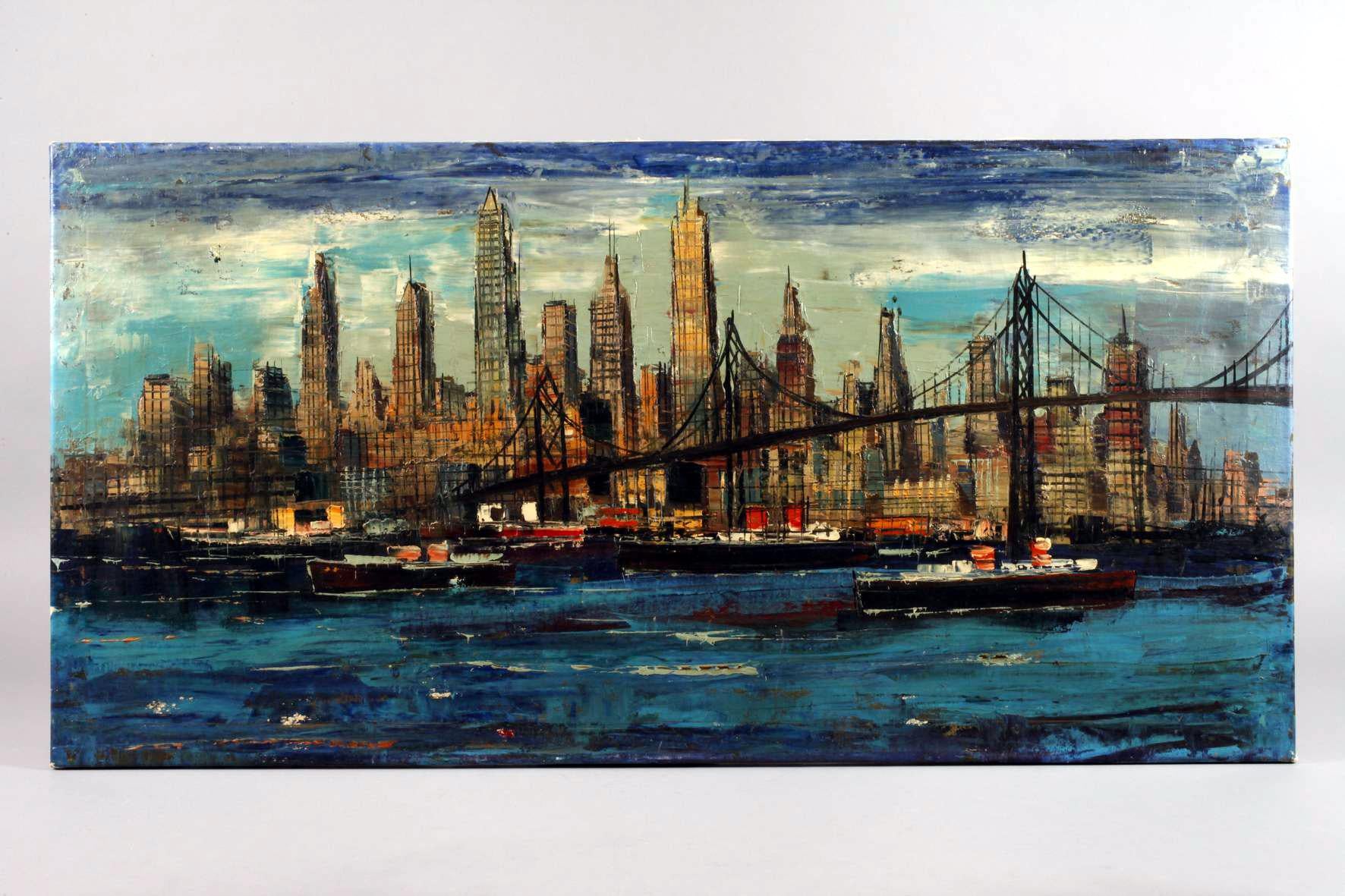 Metà XX secolo Pittura ad olio astratta, navi del fiume Hudson e skyline di New York Manhattan, anni '60 in vendita