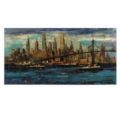 Vintage Abstract Oil Painting, Hudson River Ships and New York Manhattan Skyline, 1960s