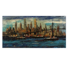 Abstract Oil Painting, Hudson River Ships and New York Manhattan Skyline, 1960s