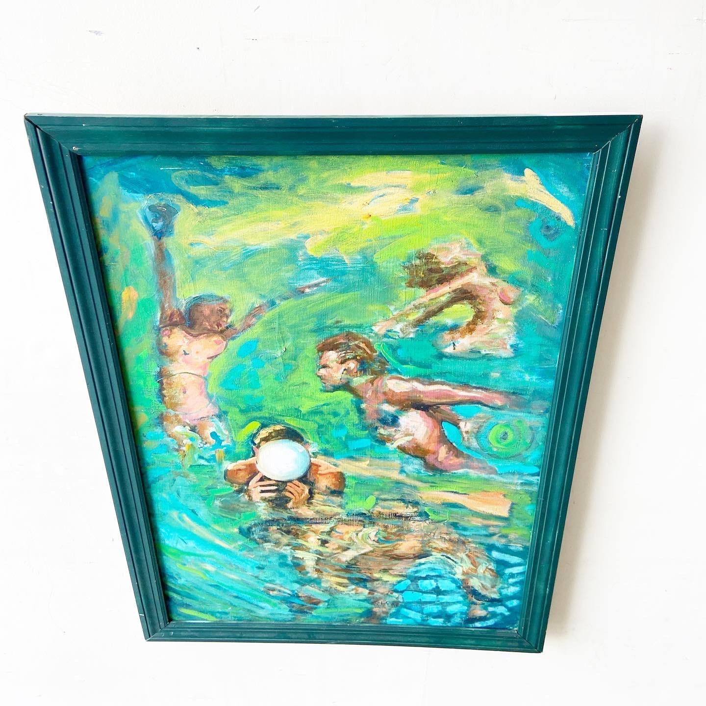 Abstract Oil Painting of Nude Swimmers and Bathers in Green Frame For Sale 2