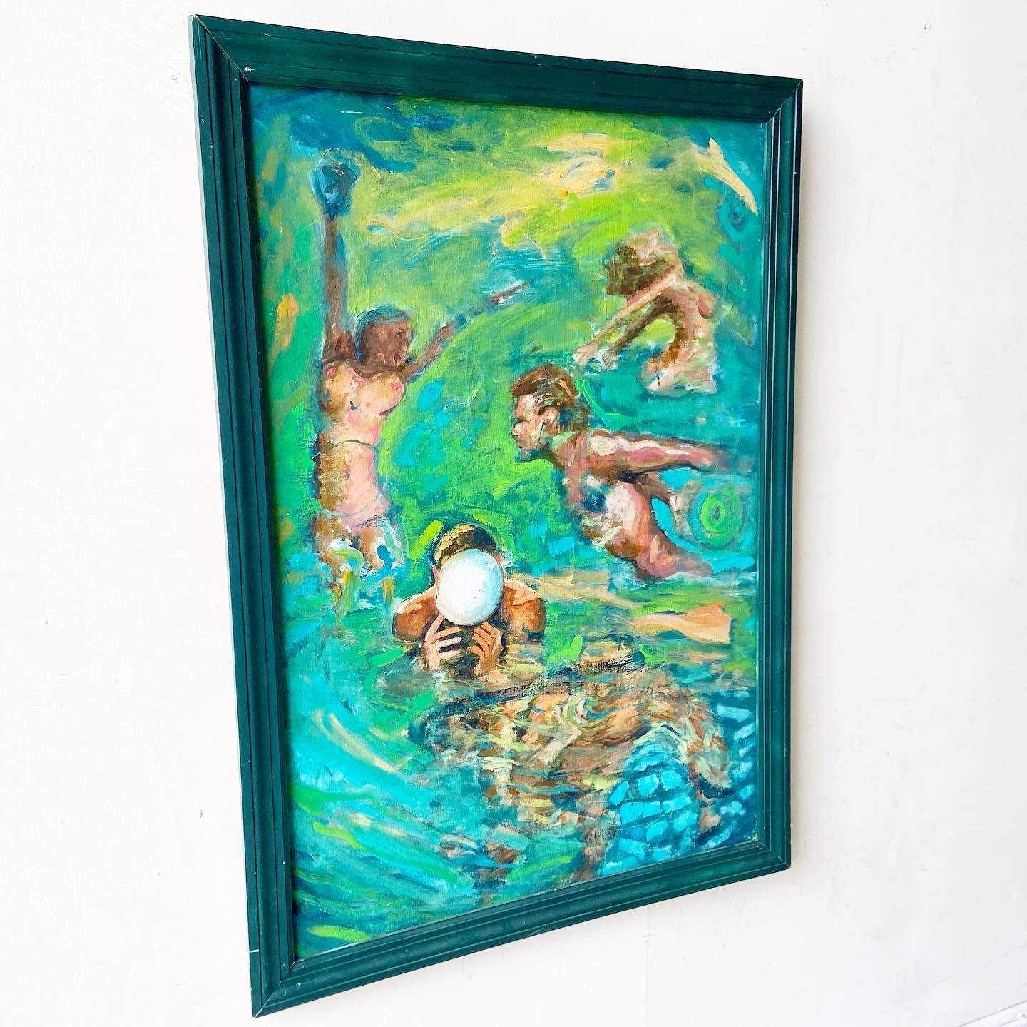 Amazing original oil painted in a green wooden frame. Features nude male and female people swimming, bathing and perhaps playing water polo.