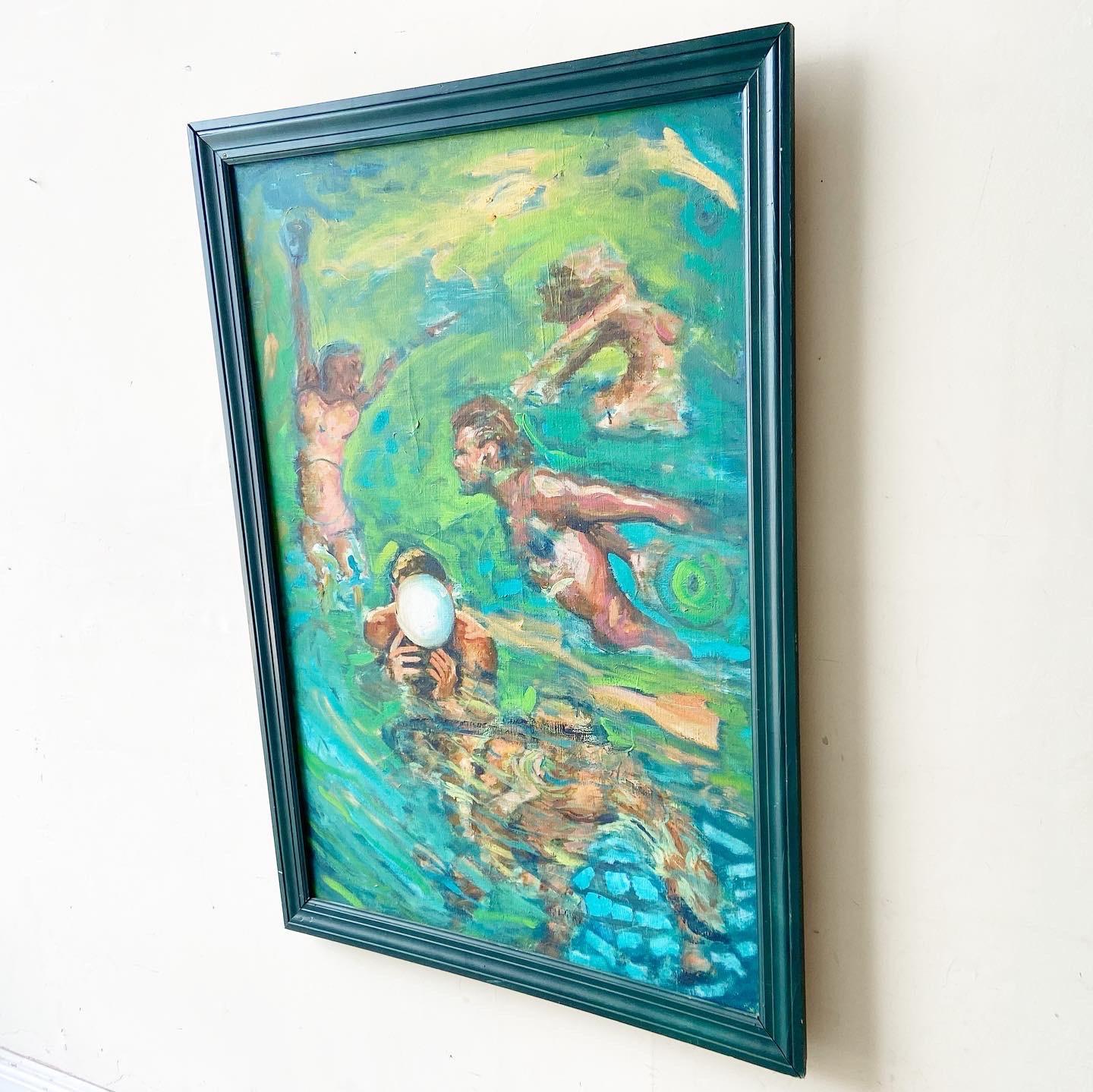 Mid-Century Modern Abstract Oil Painting of Nude Swimmers and Bathers in Green Frame For Sale