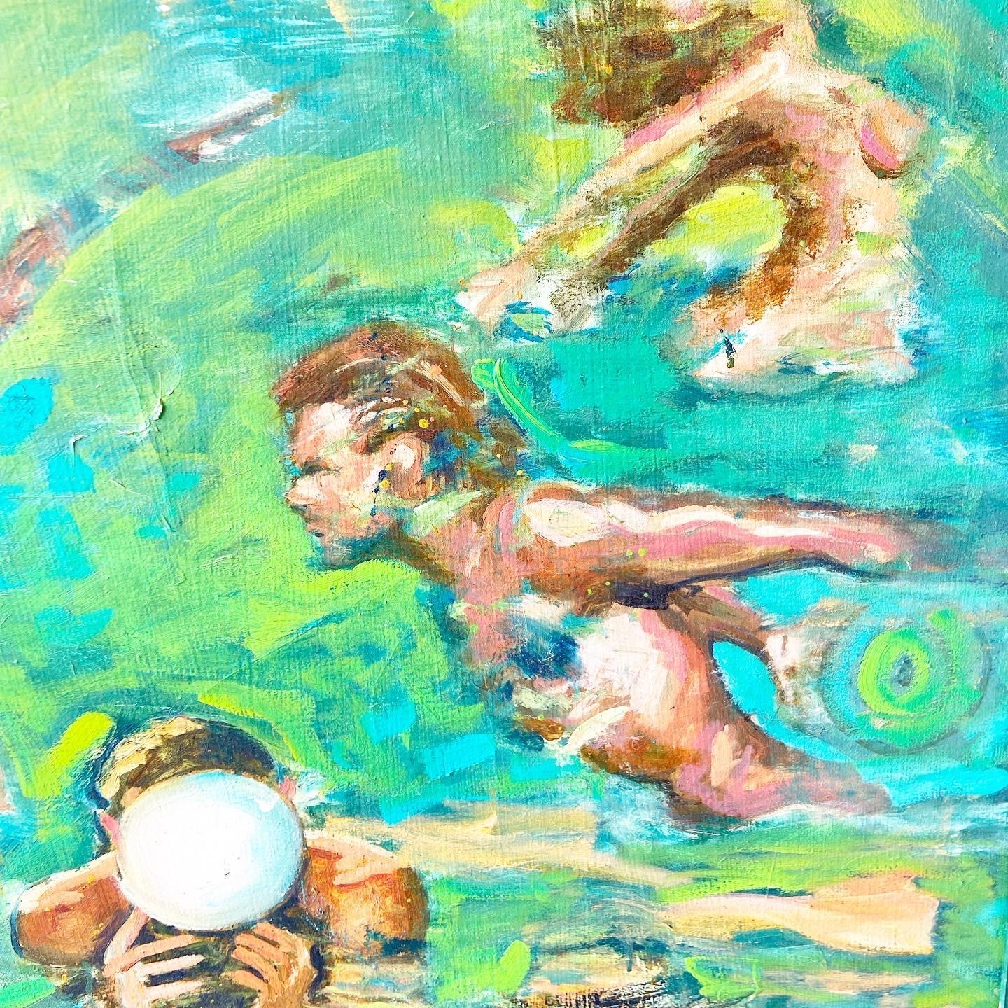 Abstract Oil Painting of Nude Swimmers and Bathers in Green Frame In Good Condition For Sale In Delray Beach, FL