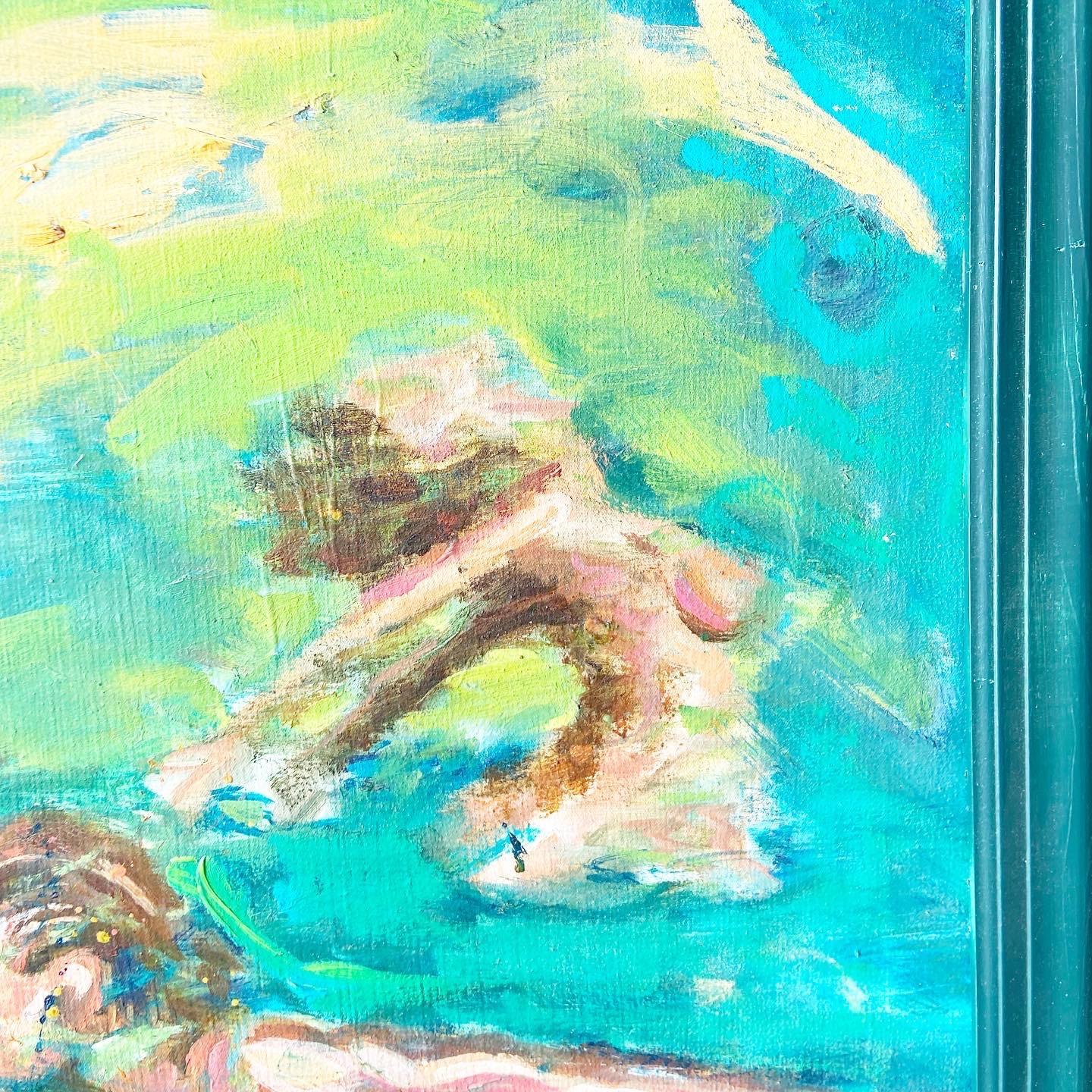 Late 20th Century Abstract Oil Painting of Nude Swimmers and Bathers in Green Frame For Sale