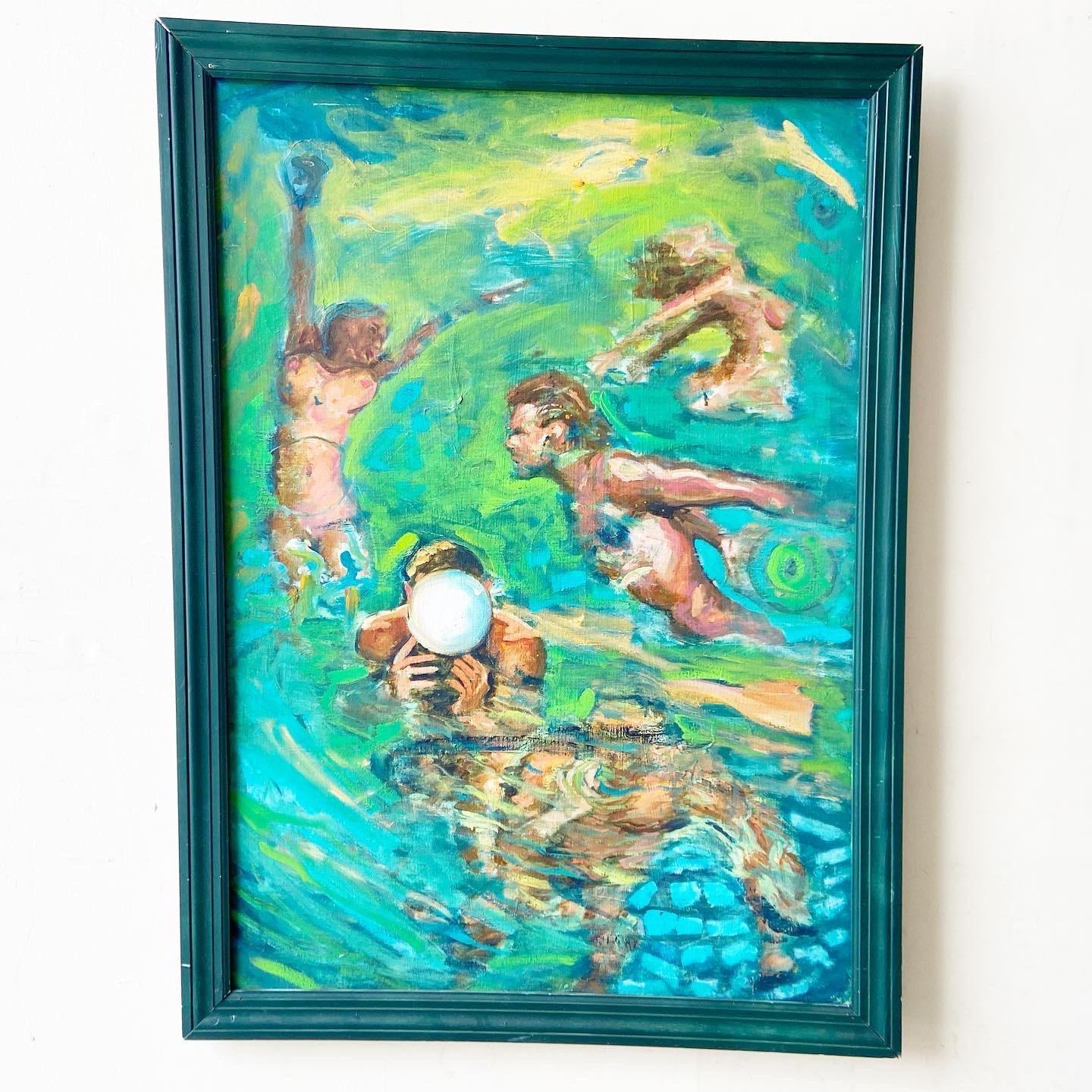 Canvas Abstract Oil Painting of Nude Swimmers and Bathers in Green Frame For Sale